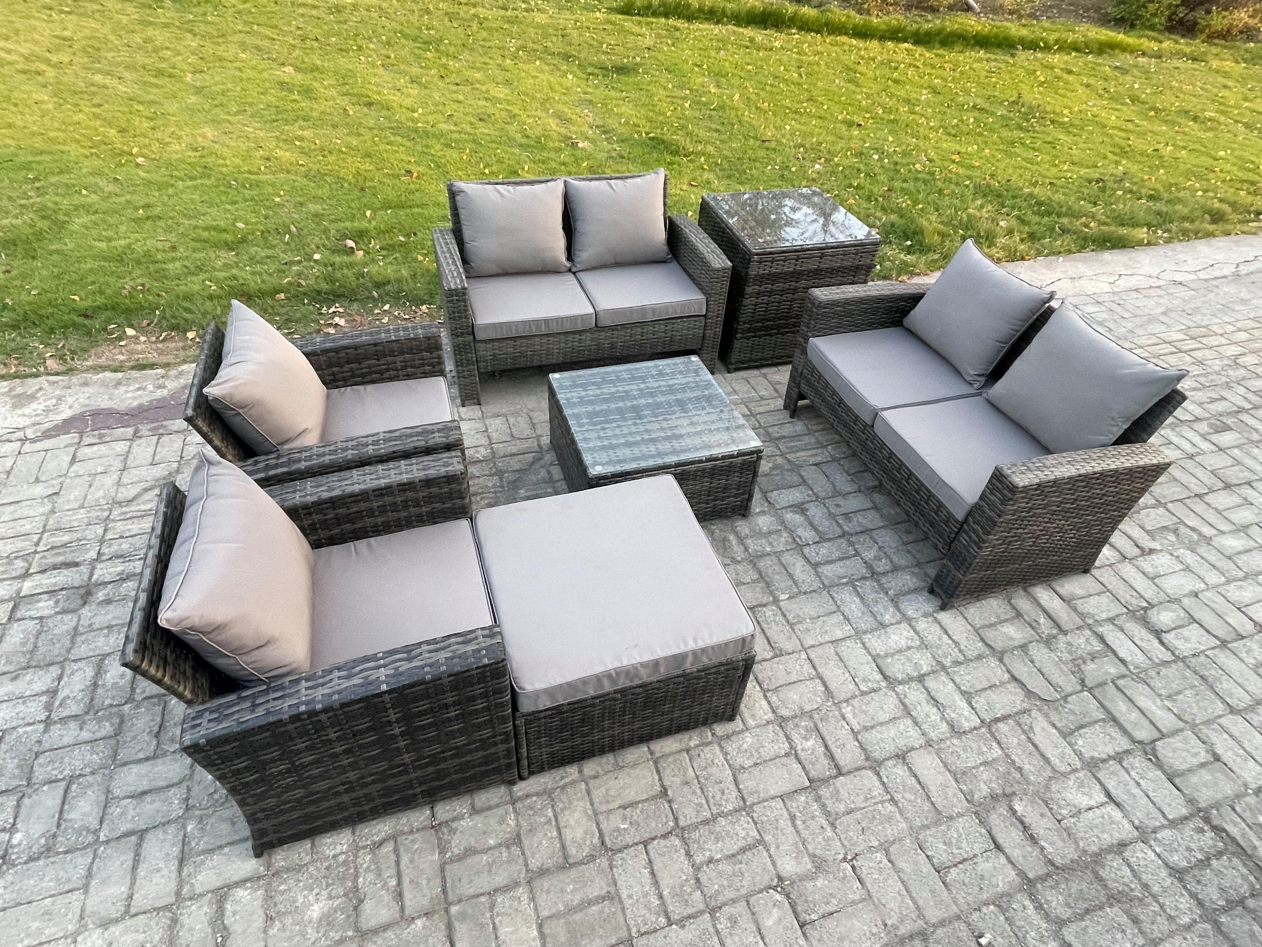 GARTENSOFA Hohe Rückenlehne Polyrattan Dunkelgrau 7-Sitzer - Dunkelgrau, Metall - Fimous