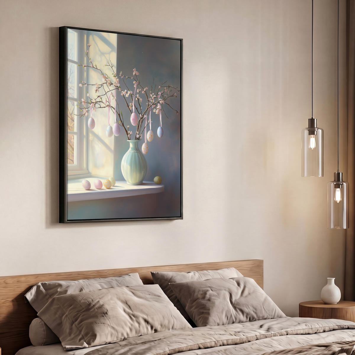 LEINWAND Bilder mit Rahmen - Stillleben - Vase - Osterzweig - 70x100 - Hellblau, Textil (70/100cm) - MuchoWow