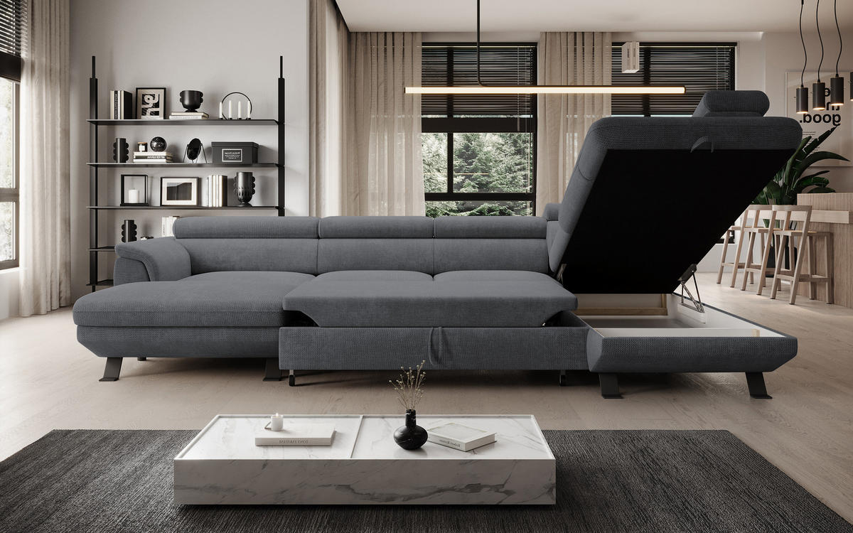 ECKSCHLAFSOFA Raven XL, Verstellbaren Kopfstützen, Bettkasten, Großes Sofa 334x198x162cm Rechte, Stahl - Edelstahlfarben, Holz/Textil (334/198cm) - DomoHome