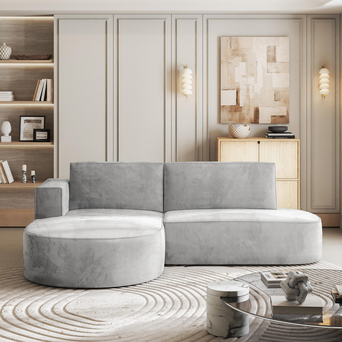 ECKSOFA CORTIO M L-S Hellgrau Velours-Stoff mit Schlaffunktion - Hellgrau/Grau, Holz/Kunststoff (265/174cm) - MASSENO