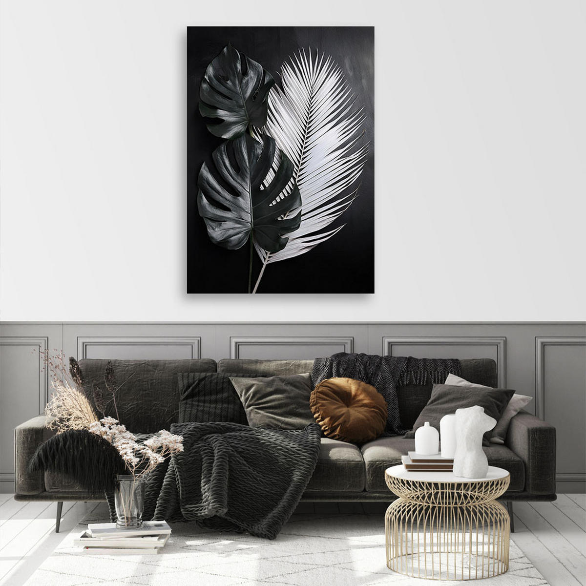 WANDBILD schwarz weiße monstera blätter - Schwarz, Textil (80/120cm) - Feeby