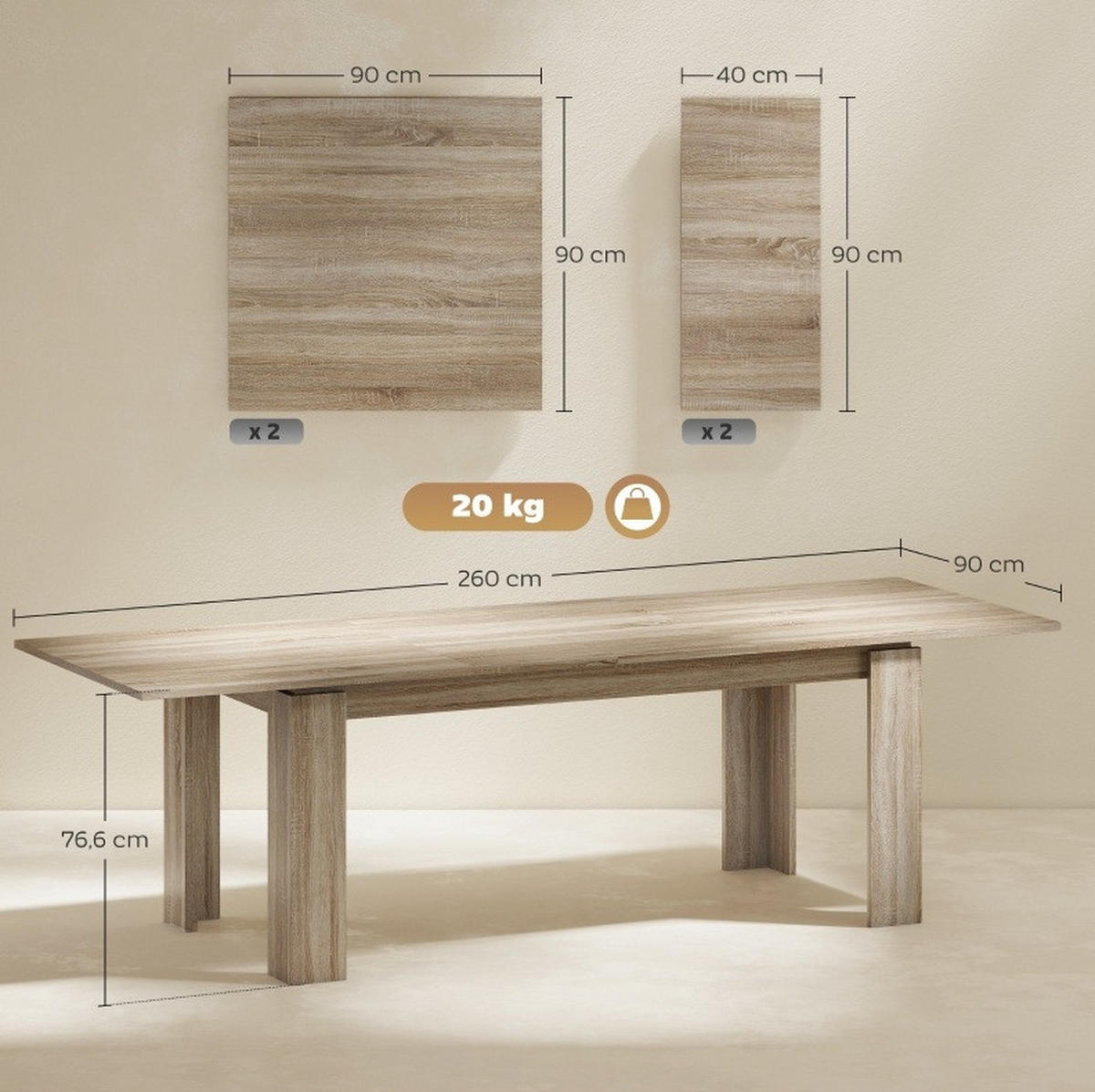 ESSTISCH 180-260/90/76,6 cm ausziehbar mit Schmetterlingsmechanismus in Holzoptik, Eiche - Eichefarben, Holz (260/90/76.6cm) - Redom