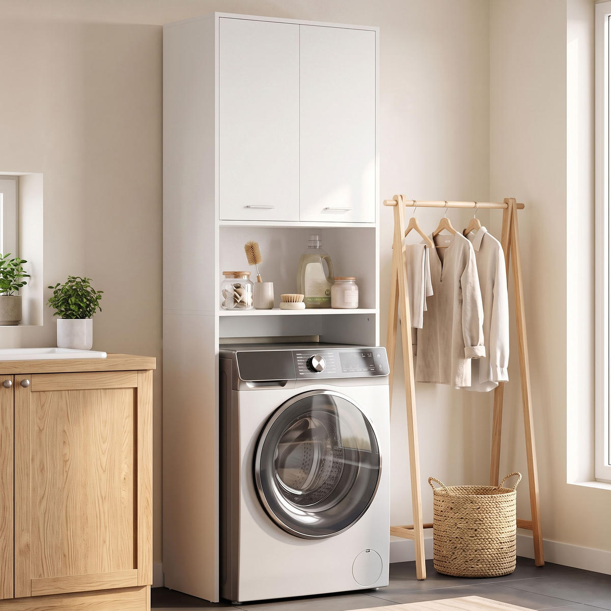 SKÅP för tvättmaskin, spånskiva, vit - Vit/Silverfärgad, Träbaserade material/Plast (24/191/66cm) - HOMCOM