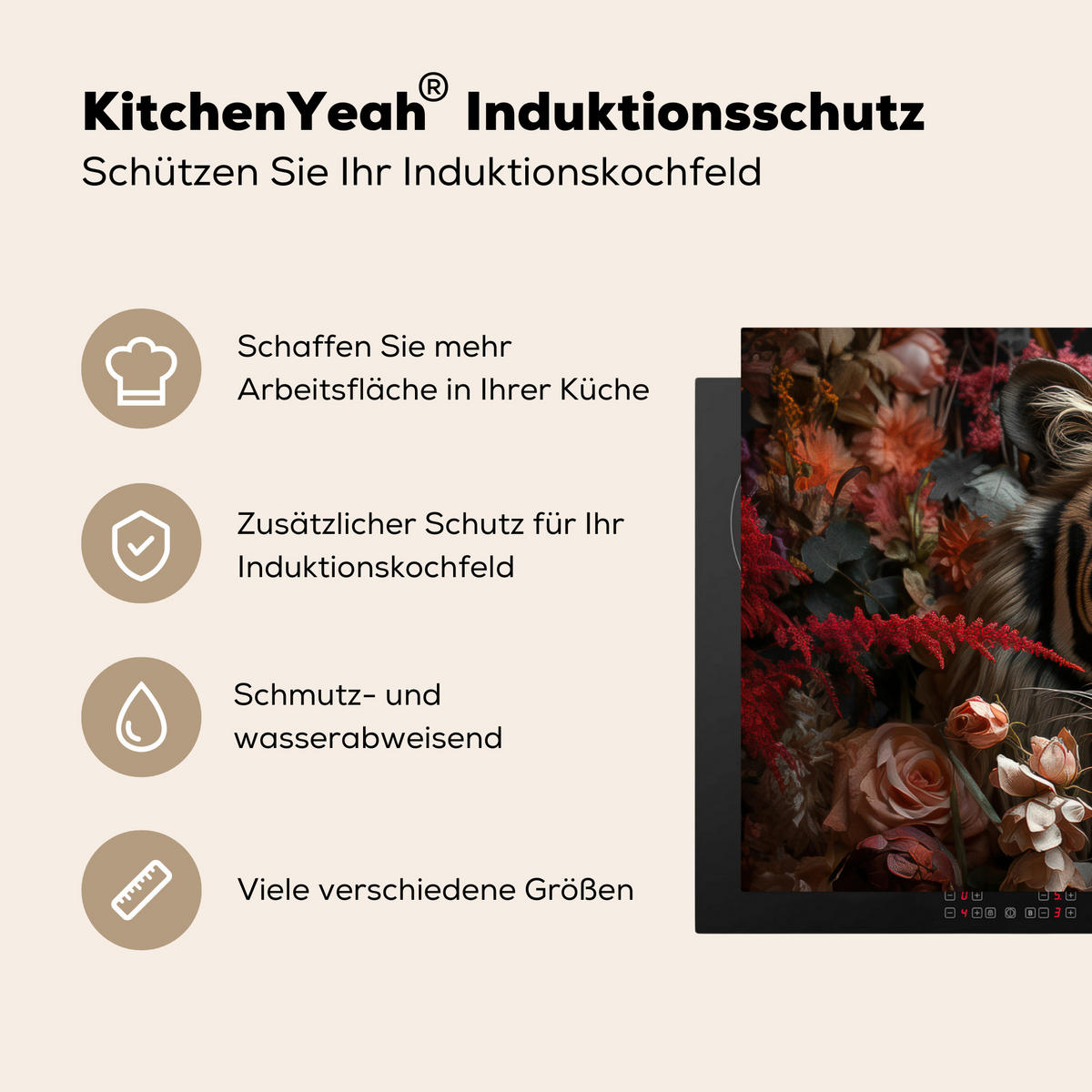 HERDABDECKPLATTE Tiger - Tier - Natur - Floral - Botanisch 90x52 cm - Orange, Kunststoff (90/0.2/52cm) - MuchoWow