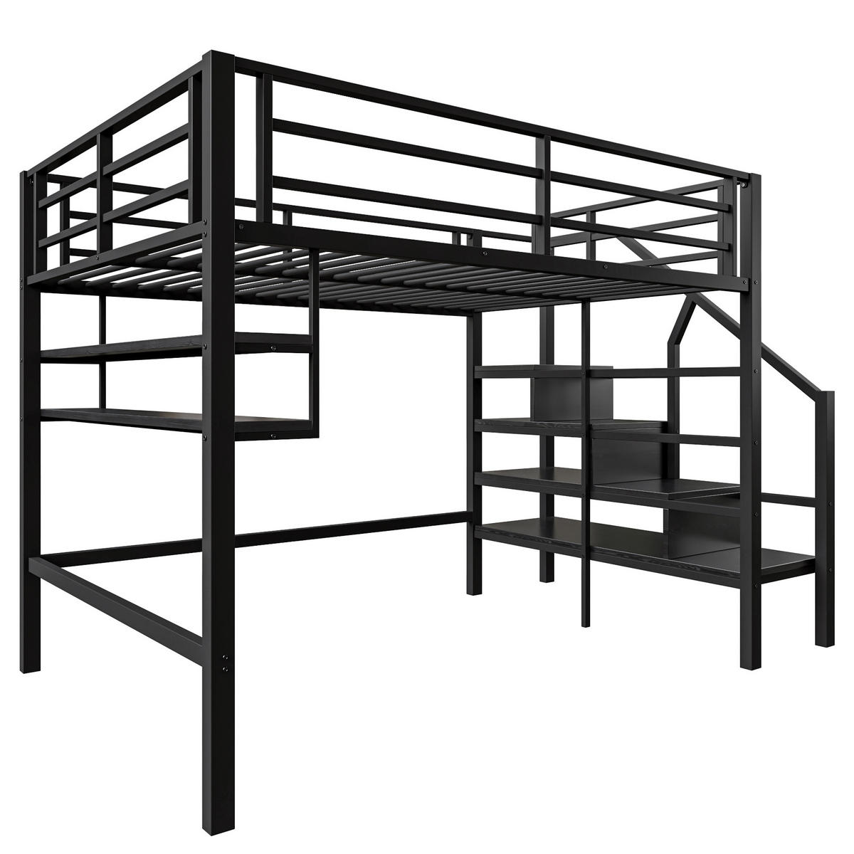 HOCHBETT aus Metall 140x200 cm in Schwarz mit Stauraumleiter & Regalen - Schwarz, Metall (140/200cm) - Modfu