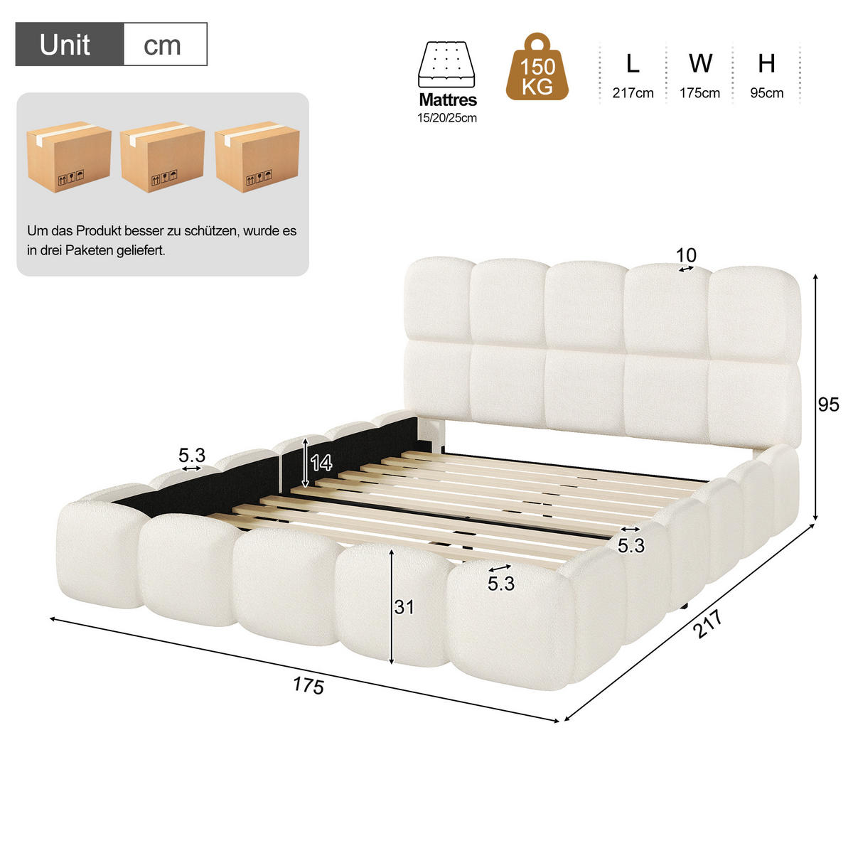 POLSTERBETT Weiß Bouclé 160x200 Lattenrost Kopfteil - Weiß, Leder (160/200cm) - FLIEKS