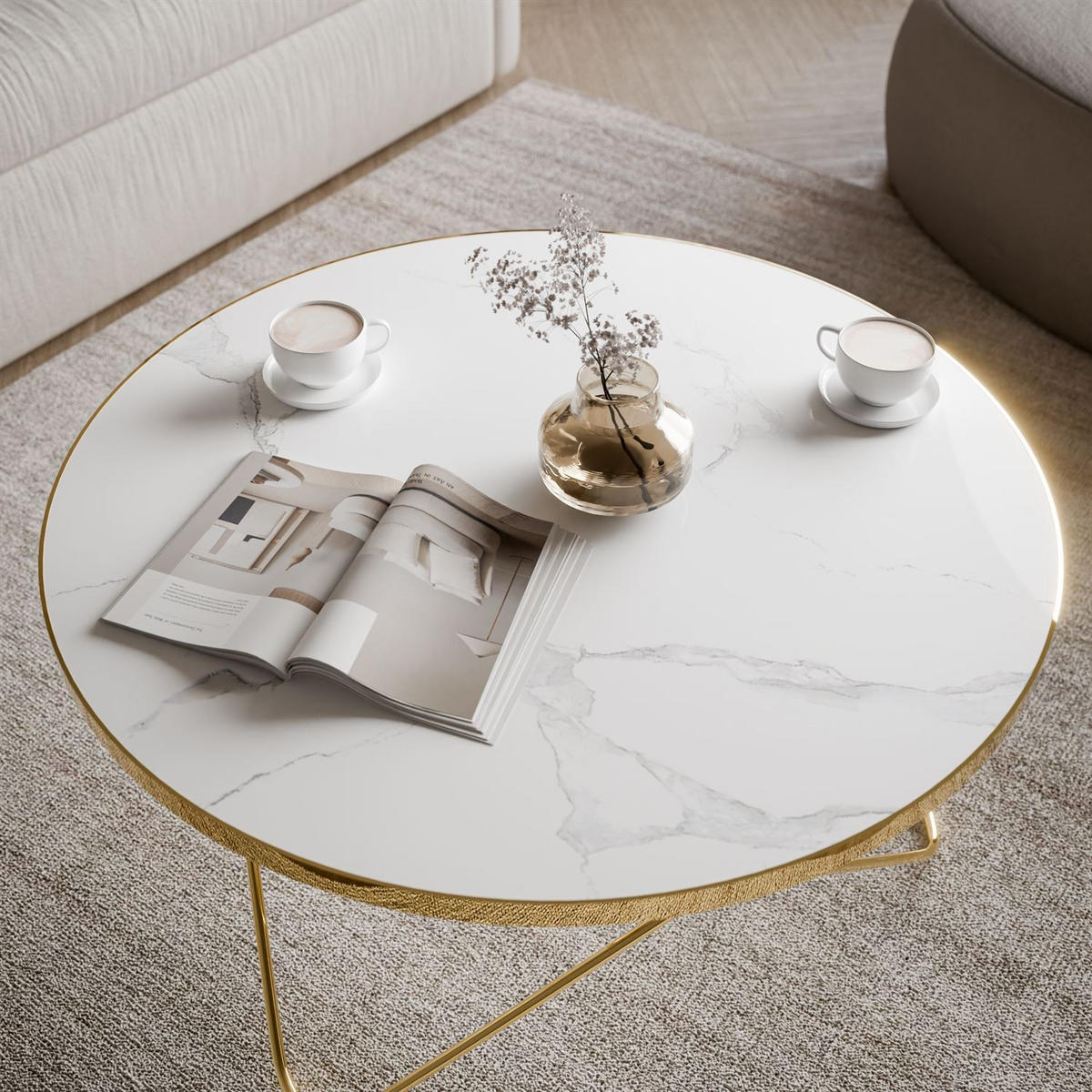 COUCHTISCH NORIEL mit goldenem Gestell und Marmorplatte - Weiß, Holzwerkstoff (80/80/39cm) - Lookway