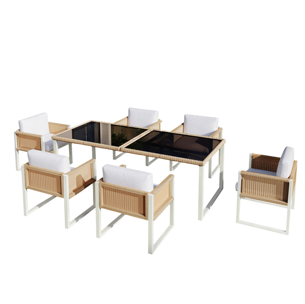 GARTEN-ESSGRUPPE 170/80/75 cm braun/weiß aus PE-Rattan mit 6 Stühlen - Braun, Naturmaterialen - OKWISH