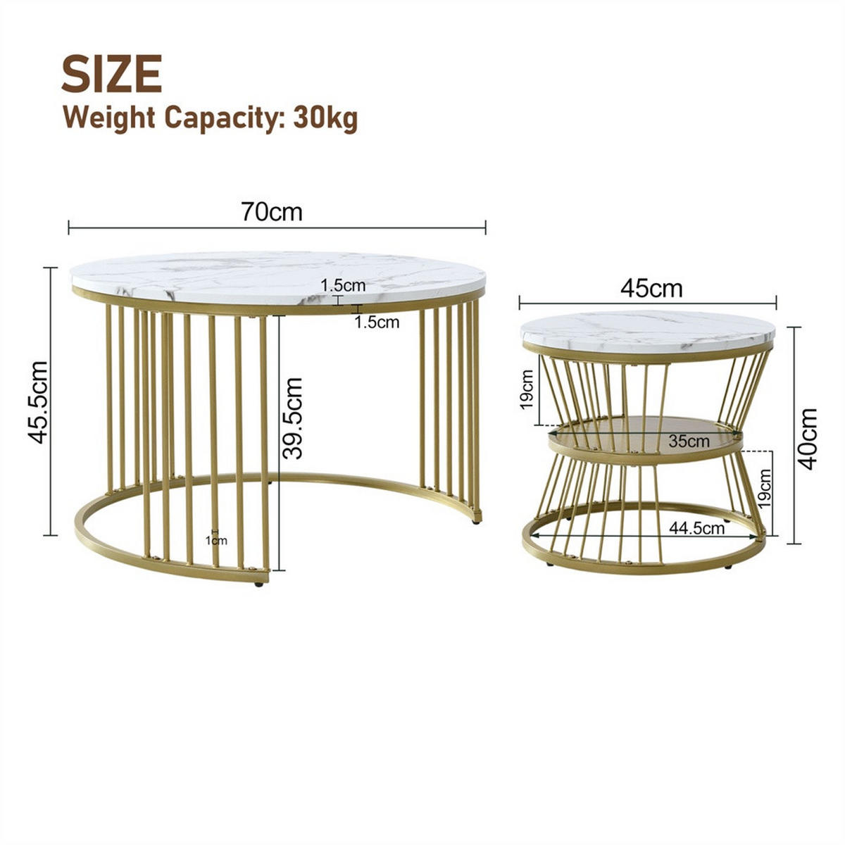 COUCHTISCH 2er Set - Runder Couchtisch 70 cm & 45 cm - Ineinander Schiebbar Marmoroptik - Gold & Weiß - Weiß, Holzwerkstoff (70/70/45.5cm) - DELFA