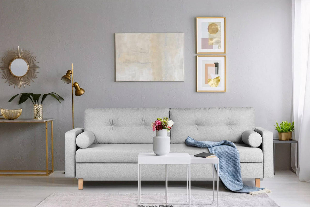 3-SITZER-SCHLAFSOFA ERISO mit weiche Sitzfläche und hohe Rückenlehne, Strukturstoff, hellgrau - Hellgrau/Braun, Textil (220/80/100cm) - KONSIMO®