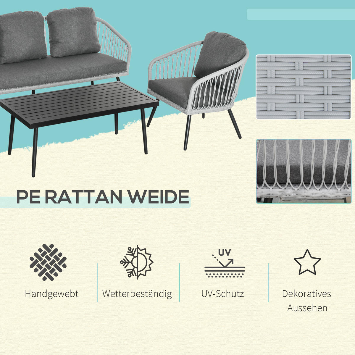 POLYRATTAN Gartenmöbel Set mit Sofa Kissen Aluminium Grau - Grau, Kunststoff - Outsunny