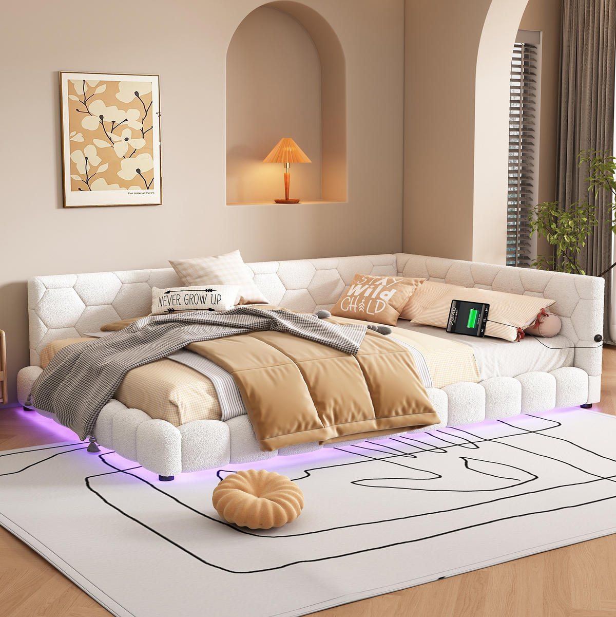 POLSTERBETT 140/200 cm Weiß mit LED-Beleuchtung und USB- und Type-C-Anschlüssen - Weiß, Textil (140/200cm) - Flora Grace