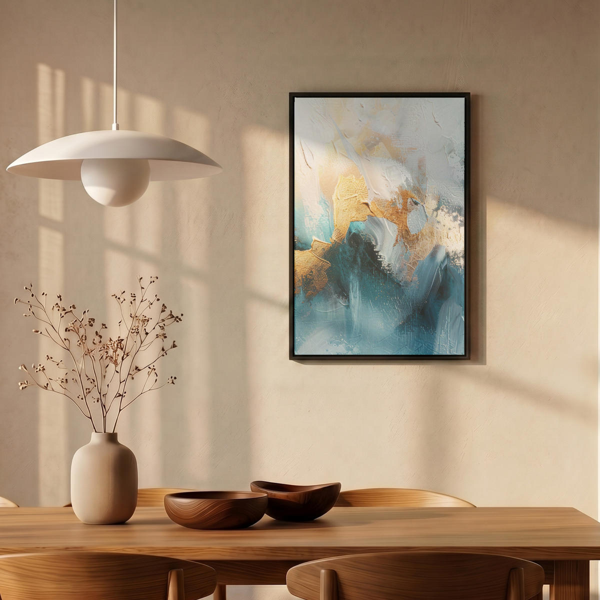 LEINWAND Bilder mit Rahmen - Abstrakt - Kunst - Gold - Blau - 40x60 - Petrol, Textil (40/60cm) - MuchoWow