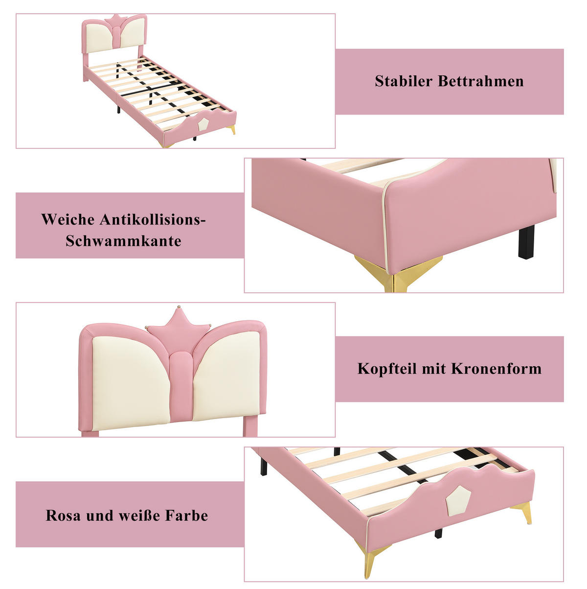 KINDERBETT 90/200 cm aus PU mit Kronen-Kopfteil und weicher Polsterung, Rosa/Weiß - Rosa, Kunststoff (90/200cm) - Redom