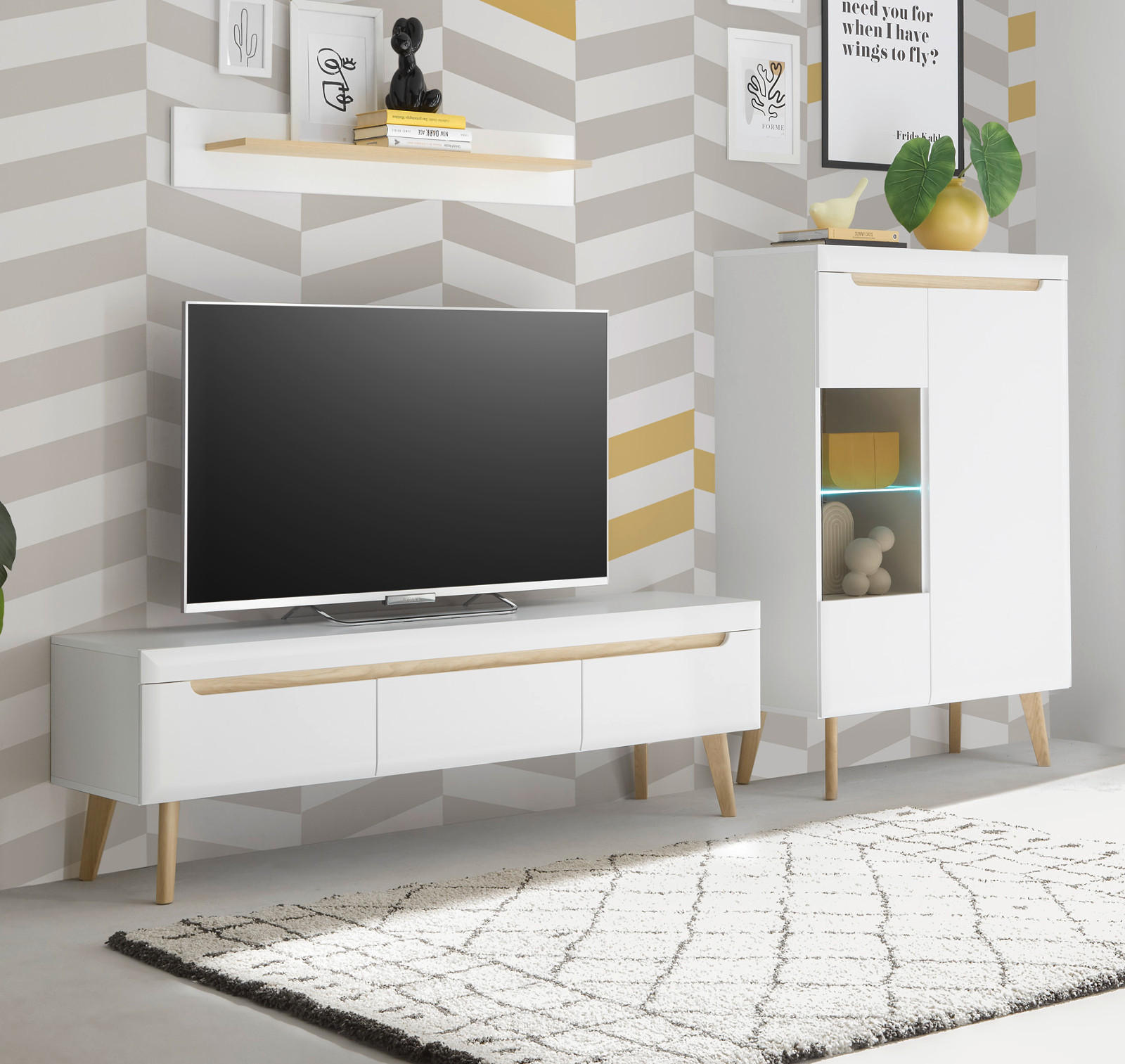 WOHNWAND 3-teilig weiß matt, Eiche, skandinavisch 270 cm, Schrankwand mit Soft-Close-Funktion - Eichefarben/Weiß, Glas/Eichenholz (270/170/40cm) - Furn.Design