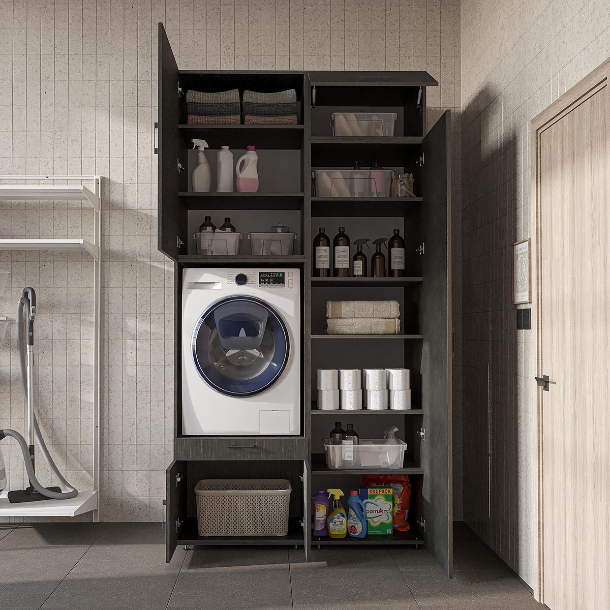 WASCHMASCHINENSCHRANK Serie 3 127cm Breit, 240cm Hoch - Schwarz, Holzwerkstoff (127/240/67cm)
