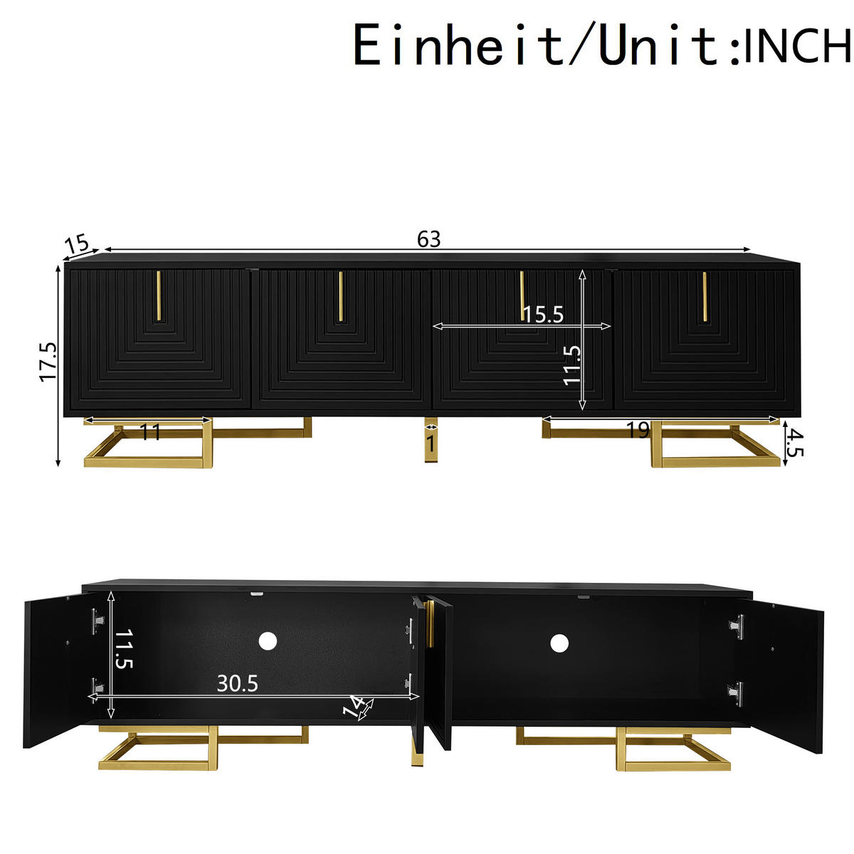 TV-SCHRANK Lowboard 3D Türen Goldbeine - Schwarz, Holzwerkstoff (160/44.5/38cm) - LEBENLANG