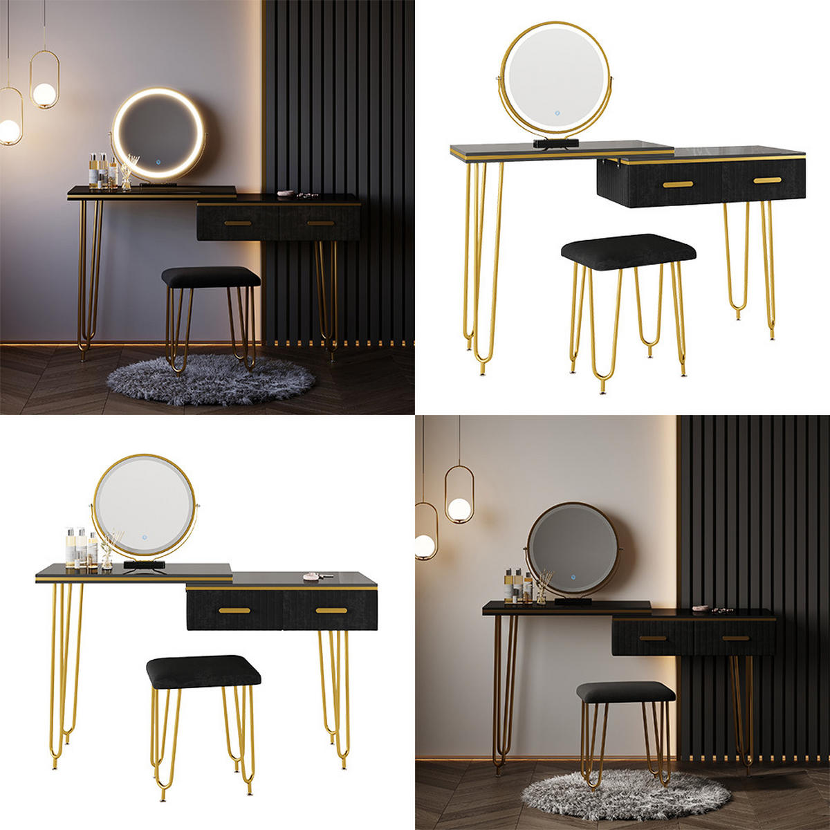 SCHMINKTISCH Zoey Schwarz 120 cm mit LED Spiegel und Hocker - Schwarz, Holzwerkstoff (120/76/37cm) - Vicco