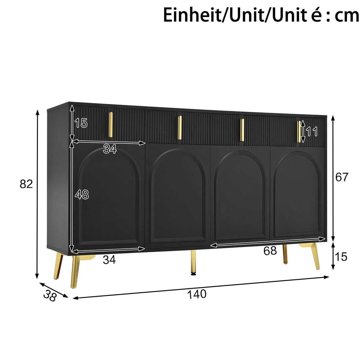 KOMODA 140/38/82 cm, MDF černá se zlatými úchyty a nohami, 4 dvířka a 4 zásuvky - černá, kompozitní dřevo (140/82/38cm) - BEAOK