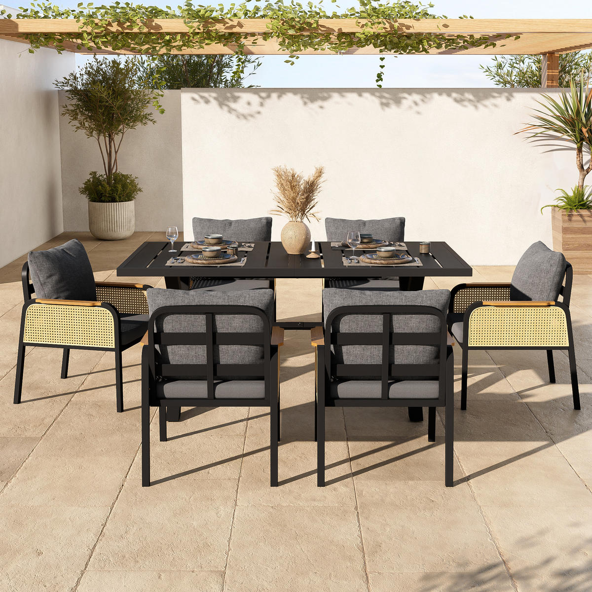 OUTDOOR SOFA SET Metall Armlehnen Kissen - Schwarz, Metall - LEBENLANG