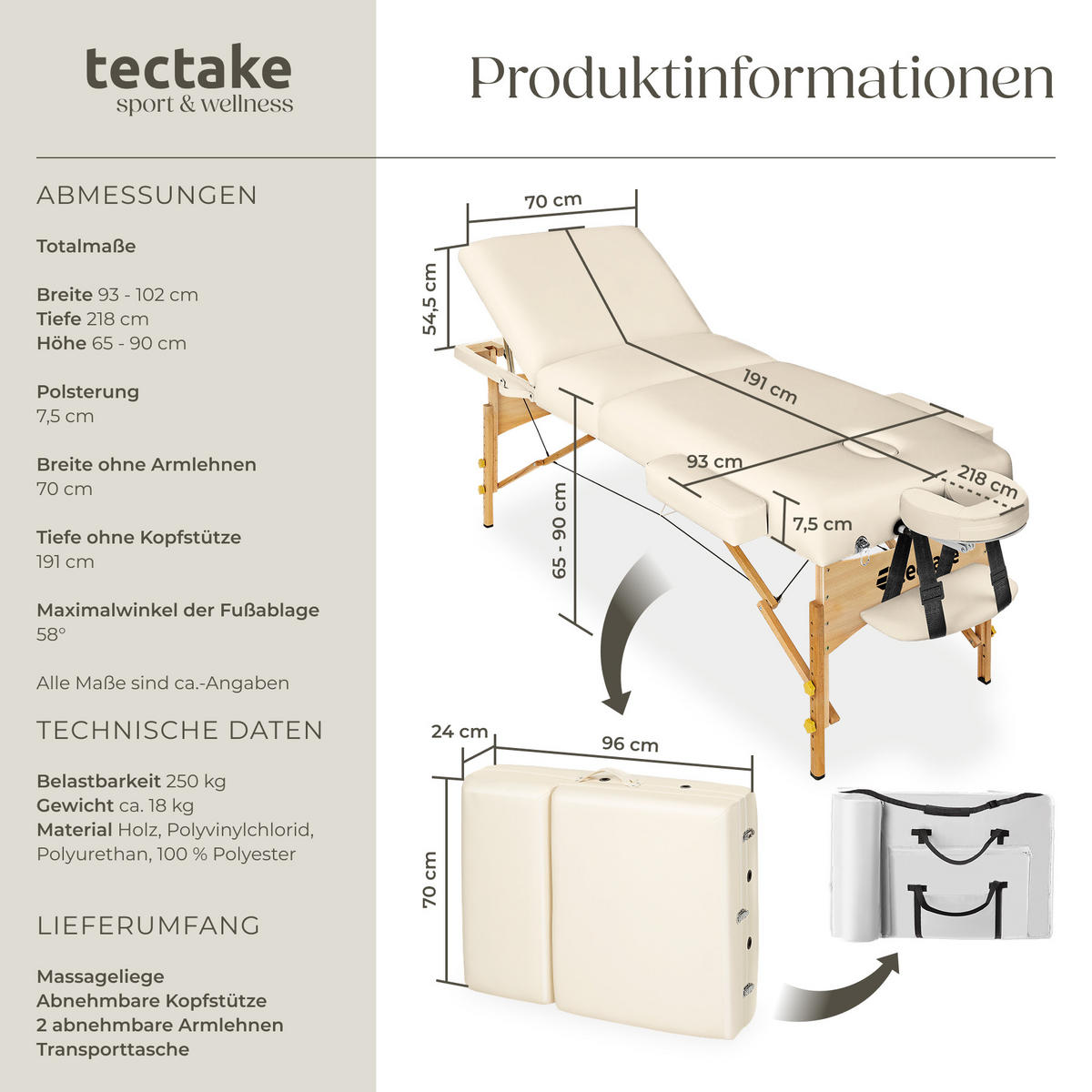 MASSAGELIEGE 3 Zonen Somwang,218 x 102 x 90 cm,beige - Beige, Holz (102/90/218cm) - tectake