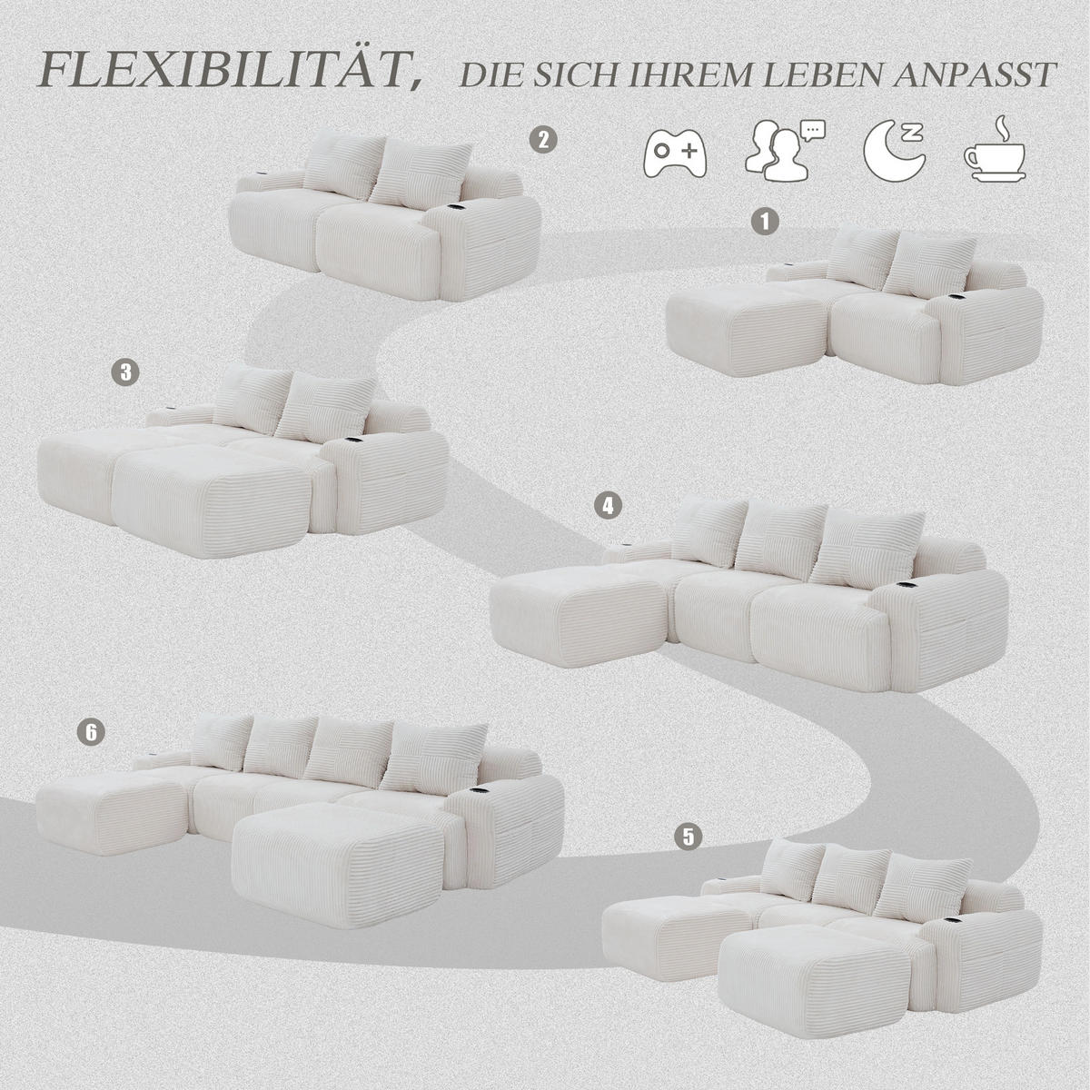 WOHNLANDSCHAFT Cord 4-Sitzer mit 2 Hockern und Getränkehalter 333/174/80 cm Beige - Beige, Textil (174/80/333cm) - Redom