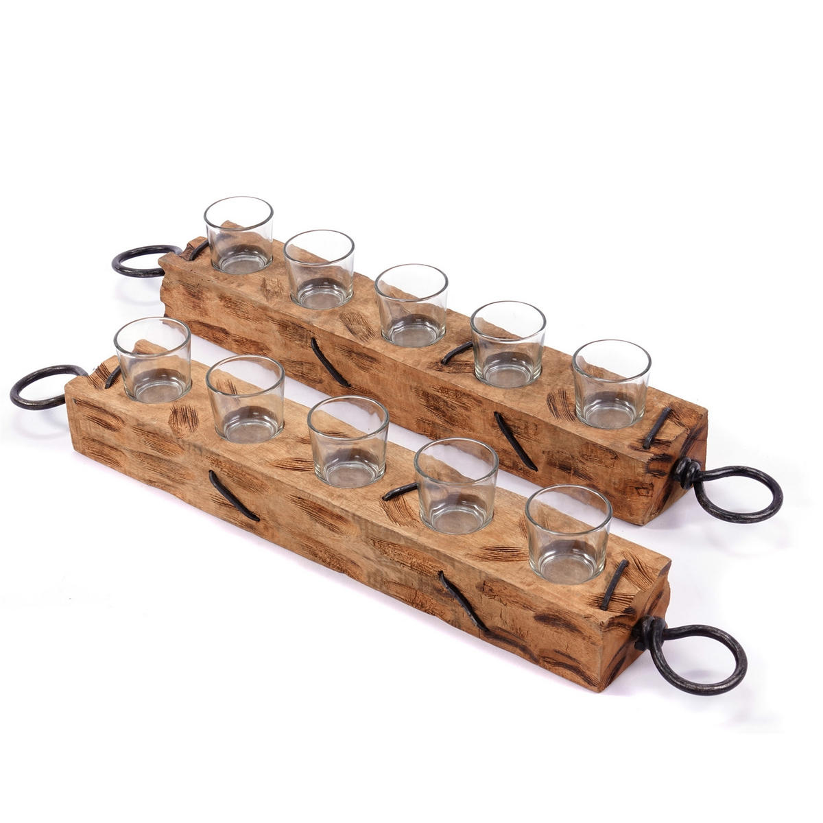 TEELICHTHALTER Burnt 70 Mangoholz, mit Glaseinsatz für 5 Teelichter natur-schwarz - Naturfarben, Holz (70/12/9cm) - CREEDWOOD