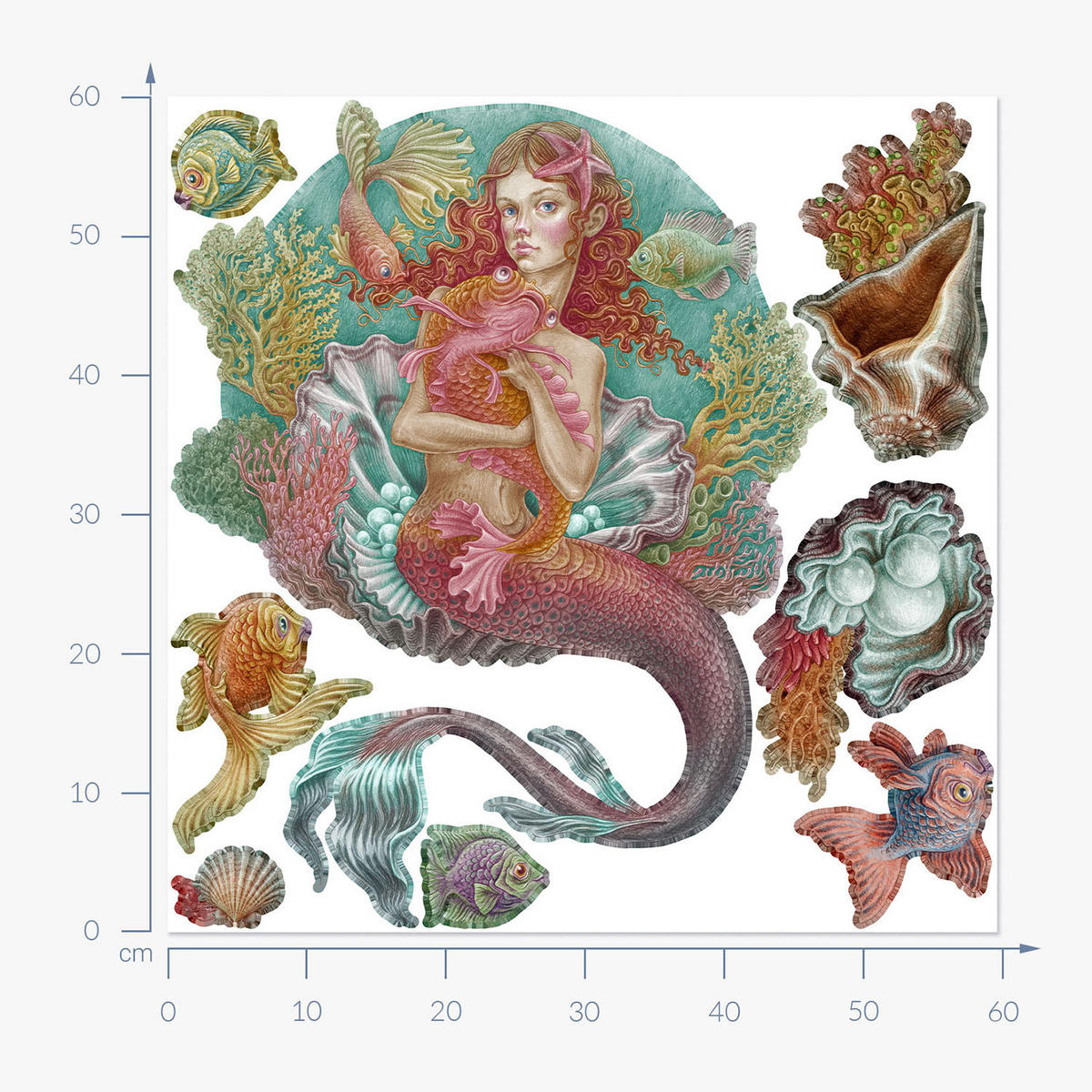 WANDAUFKLEBER 60x60cm - Meerjungfrauen-Zeichentrickwelt - Multicolor, Kunststoff (60/60/0.1cm) - Wallfluent