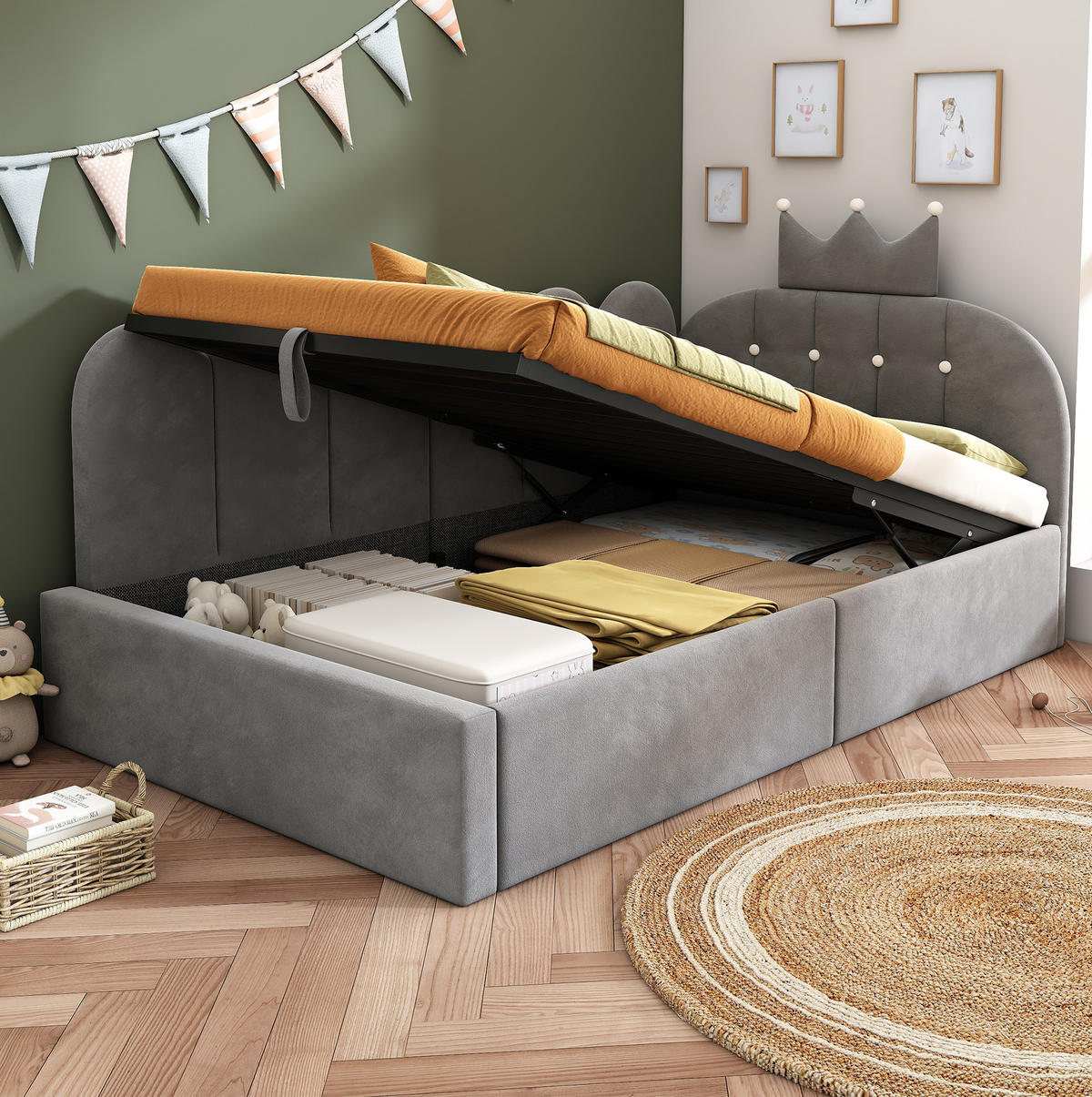 KINDERBETT Polsterbett 90/190 cm aus Samt mit Stauraum und Kronen-Gitter-Design Grau - Grau, Textil (90/190cm) - Modenvie