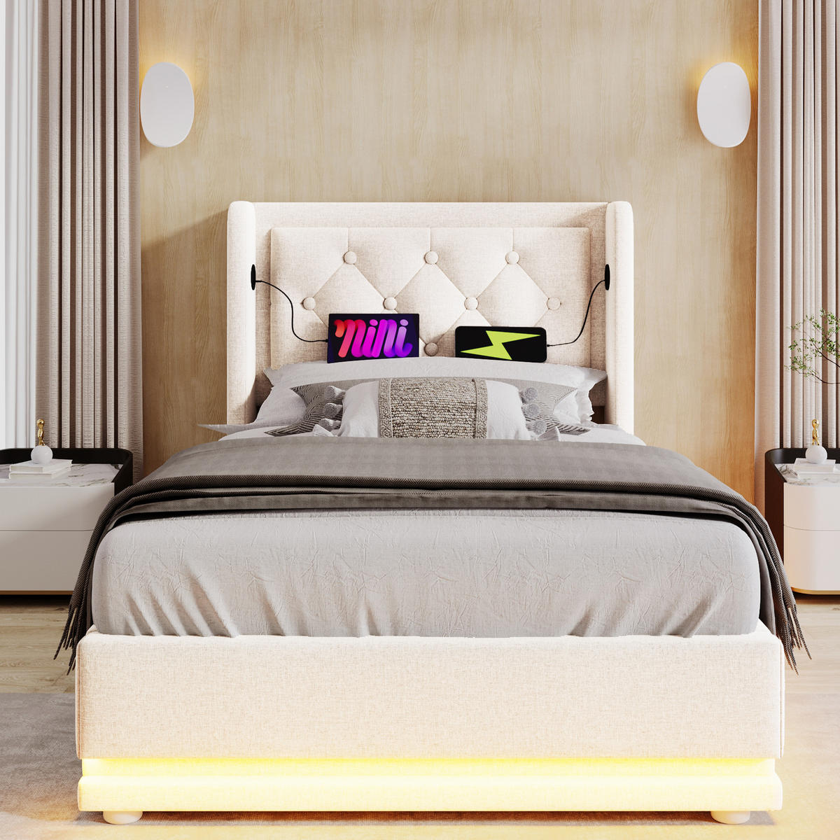 POLSTERBETT mit Stauraum LED USB/Typ-C 90x200 cm Baumwolle Beige - Beige, Metall (90/200cm) - Meubliv