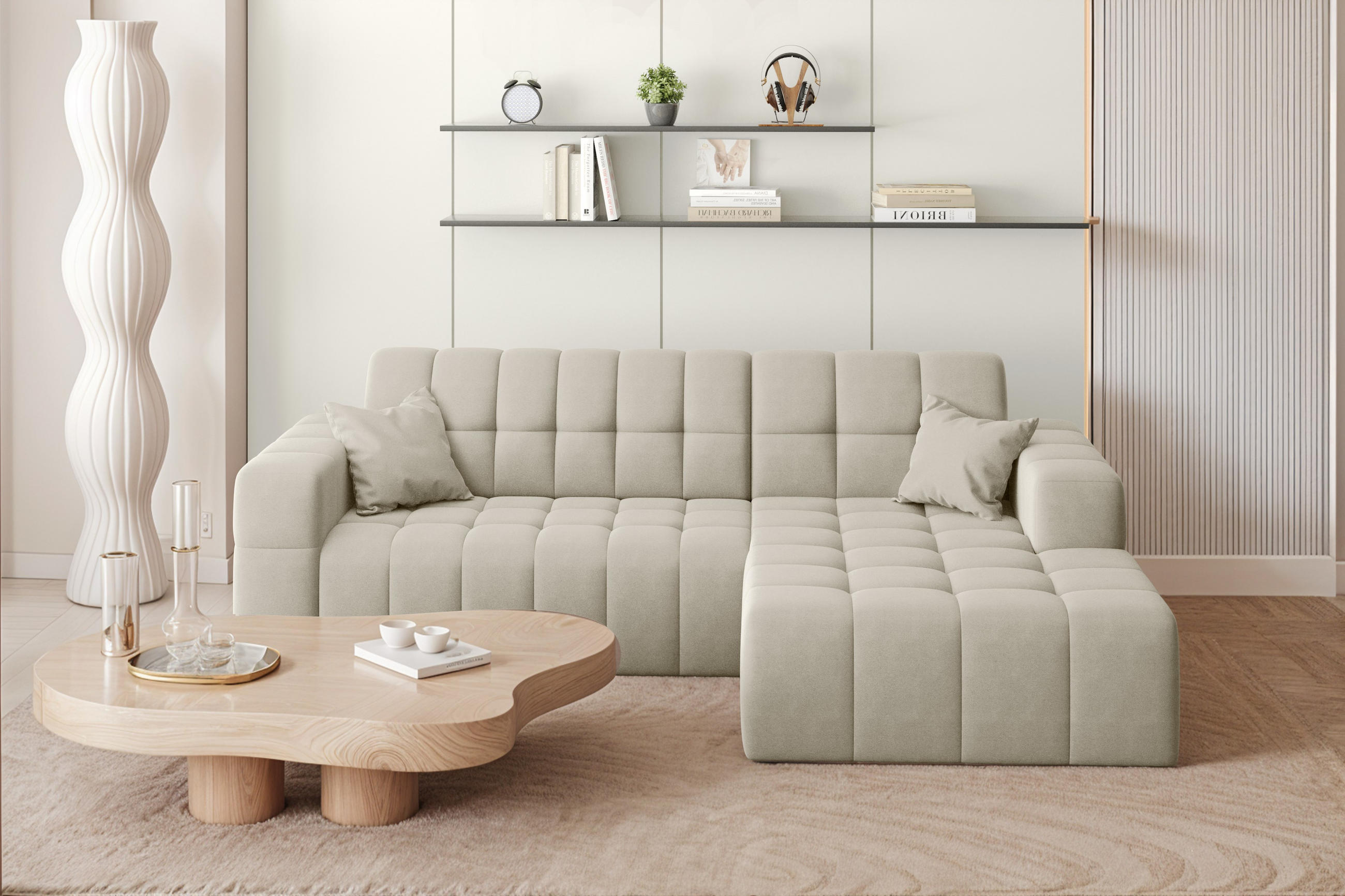 ECKSOFA L-förmiges Nimes Velours Stoff Ecru Rechts - Ecru, Holz/Kunststoff (265/168cm) - Kaiser Möbel