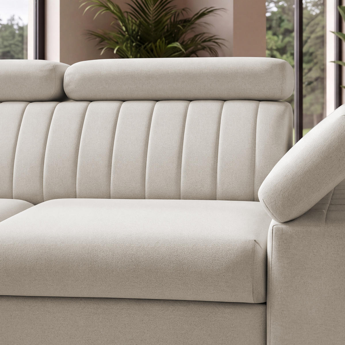 ECKSOFA FELIX L Links mit Schlaffunktion Velours Creme - Creme/Schwarz, Holz/Textil (257/176cm) - Muffo