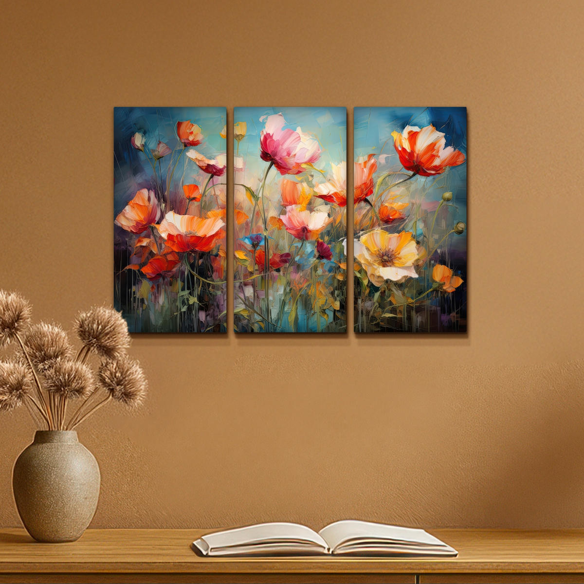 LEINWANDBILD 3er Set Blumen - Bunt - Abstrakt 60x40 cm - Blaugrau, Textil (60/40cm) - MuchoWow