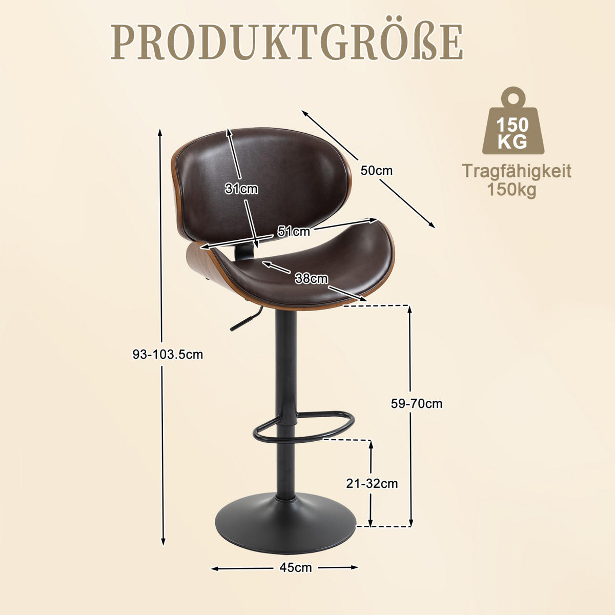 BARHOCKER 2er-Set Drehbar,mit Sitzkissen und Fußstützen Kunstleder Braun - Braun, Textil/Metall (51/93/50cm) - PARAFTA HOME