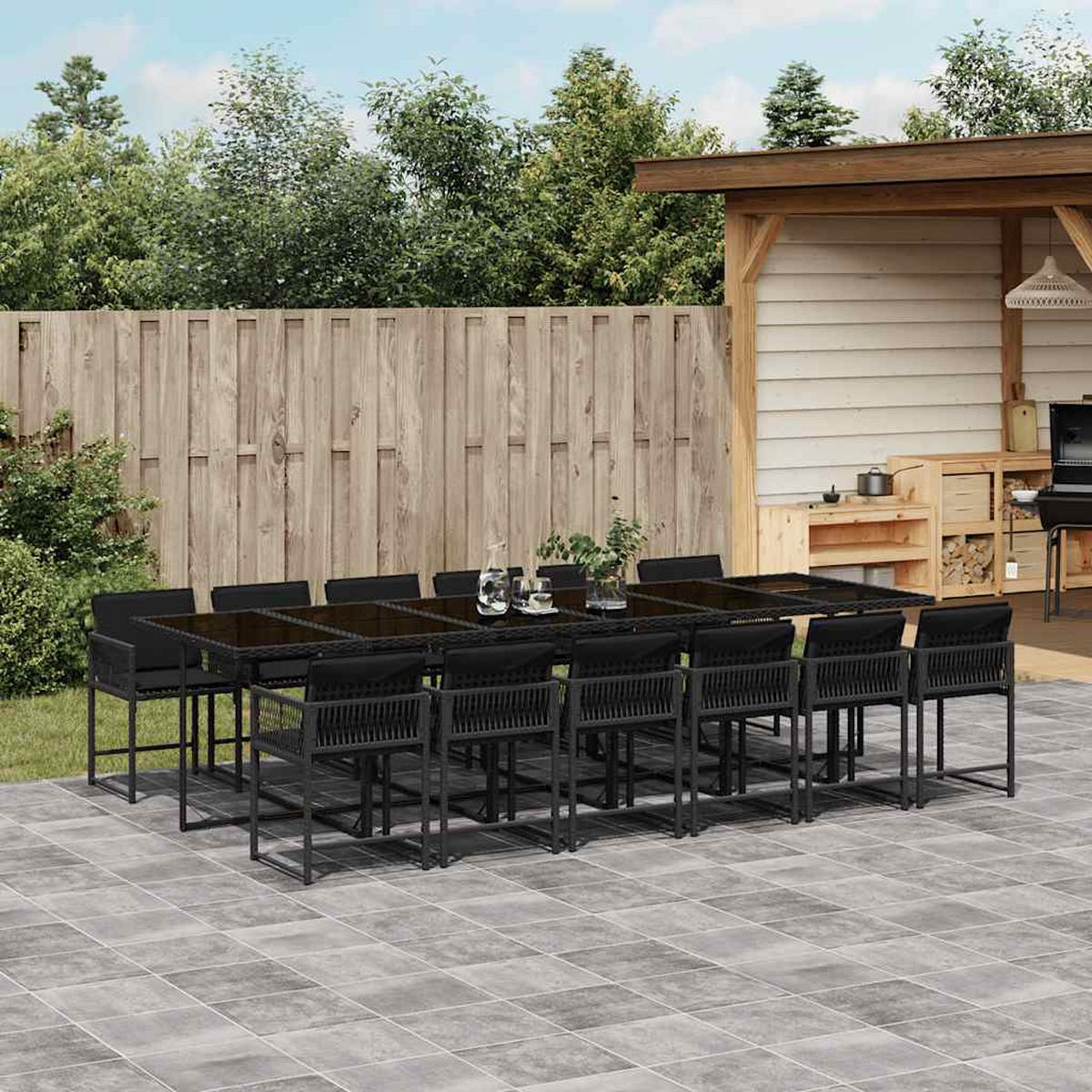 GARTEN-ESSGRUPPE 13-teilig Mit Kissen Schwarz Poly Rattan - Schwarz, Kunststoff - vidaXL