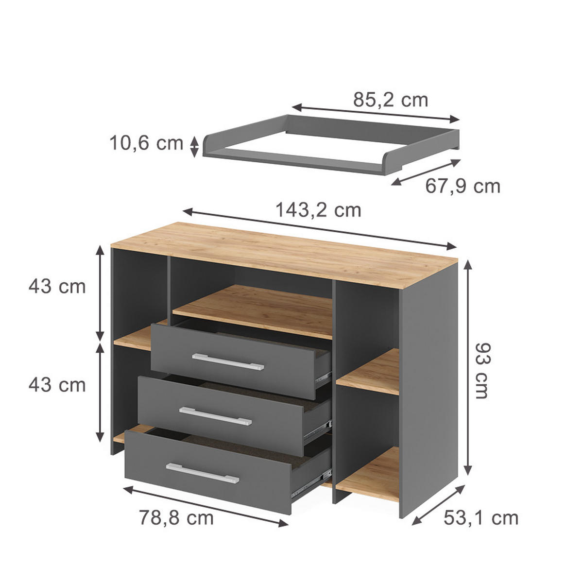 PREVIJALNA ENOTA Oskar Antracit/zlati hrast 143.2 x 93 cm s 3 predali - barve hrasta/antracit, leseni material (143.2/93/53.1cm) - Vicco