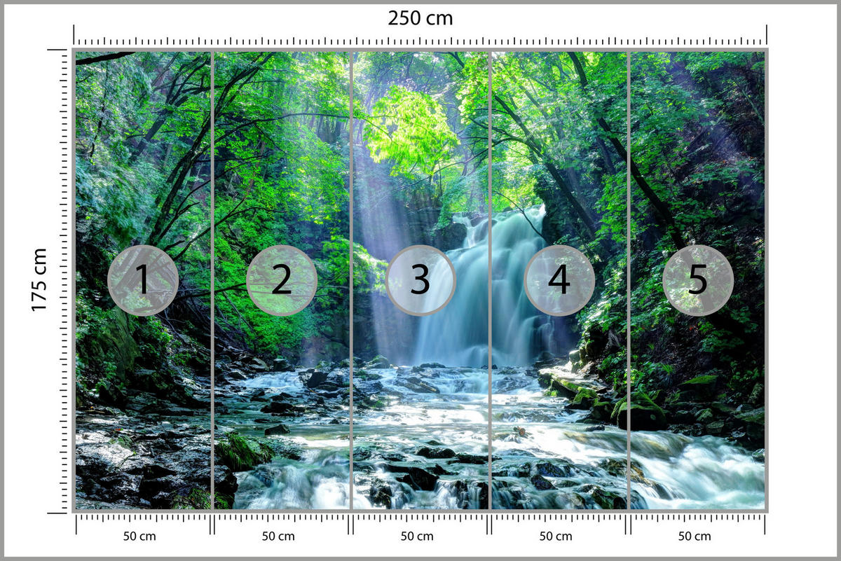 FOTOTAPETE für Schlafzimmer Wasserfall Wald Felsen Bäume Pflanzen 250x175 - Türkis/Blau, Papier (250/175cm) - Muralo
