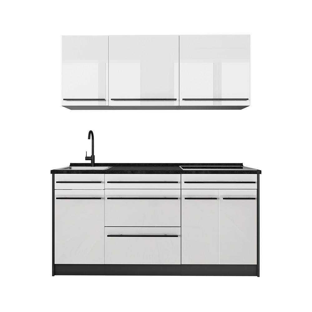SINGLEKÜCHE R-Line, Weiß Hochglanz/Anthrazit, 160 cm ohne Arbeitsplatte - Weiß Hochglanz/Anthrazit, Holzwerkstoff (160/81.6/46cm) - Vicco