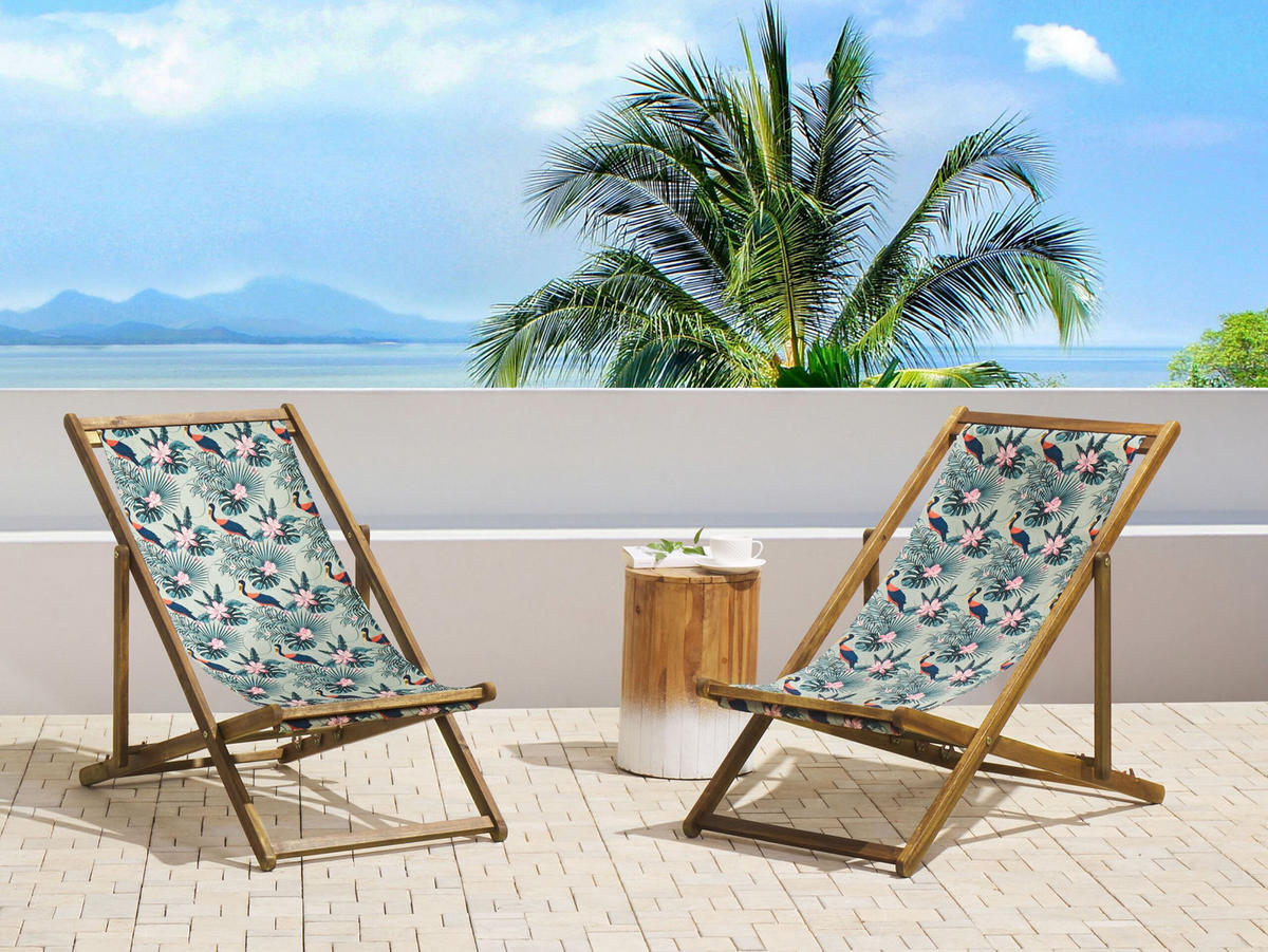 GARTENLIEGE 2er-Set hellbraun Textil weiß/bunt Pelikanmotiv Anzio - Hellbraun/Multicolor, Textil (54/70/97cm) - Beliani