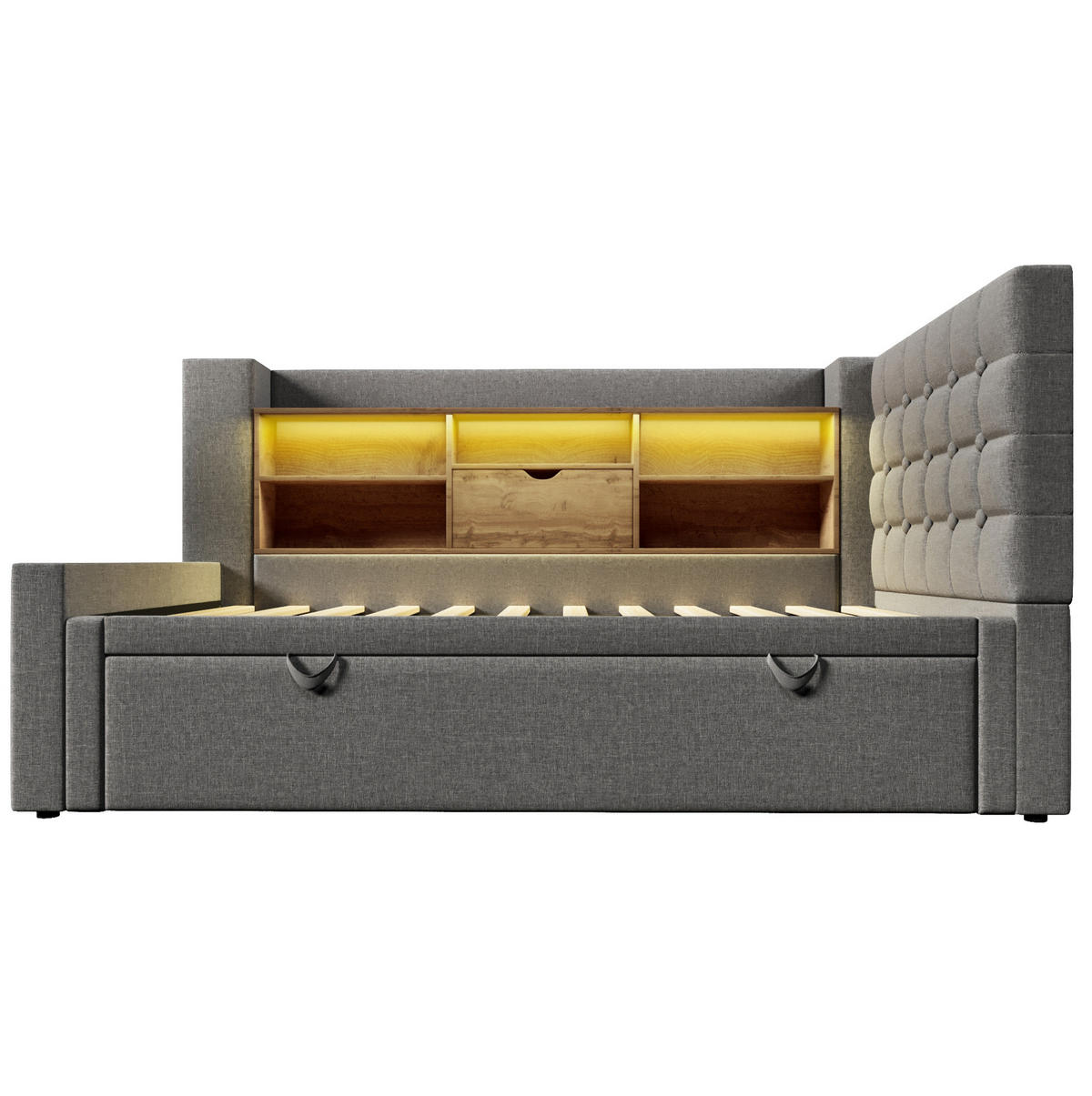 POLSTERBETT 90/200 cm grau aus Leinen und Metall mit Ausziehbett, LED und Stauraum - Grau, Textil (90/200cm) - OKWISH