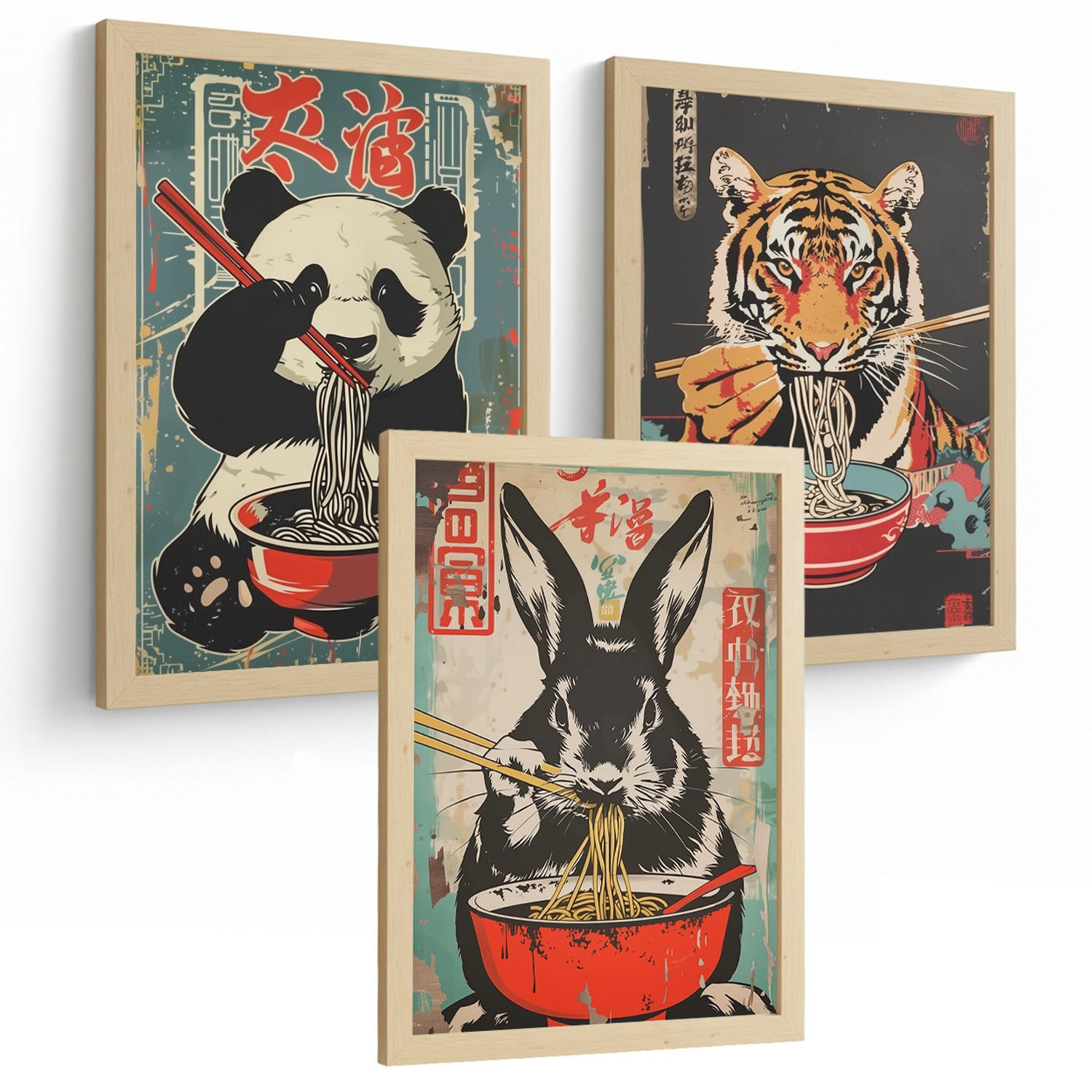 Nacnic PLAKAT Sada 3 Ramen Animals A3 Lehký dřevěný rám