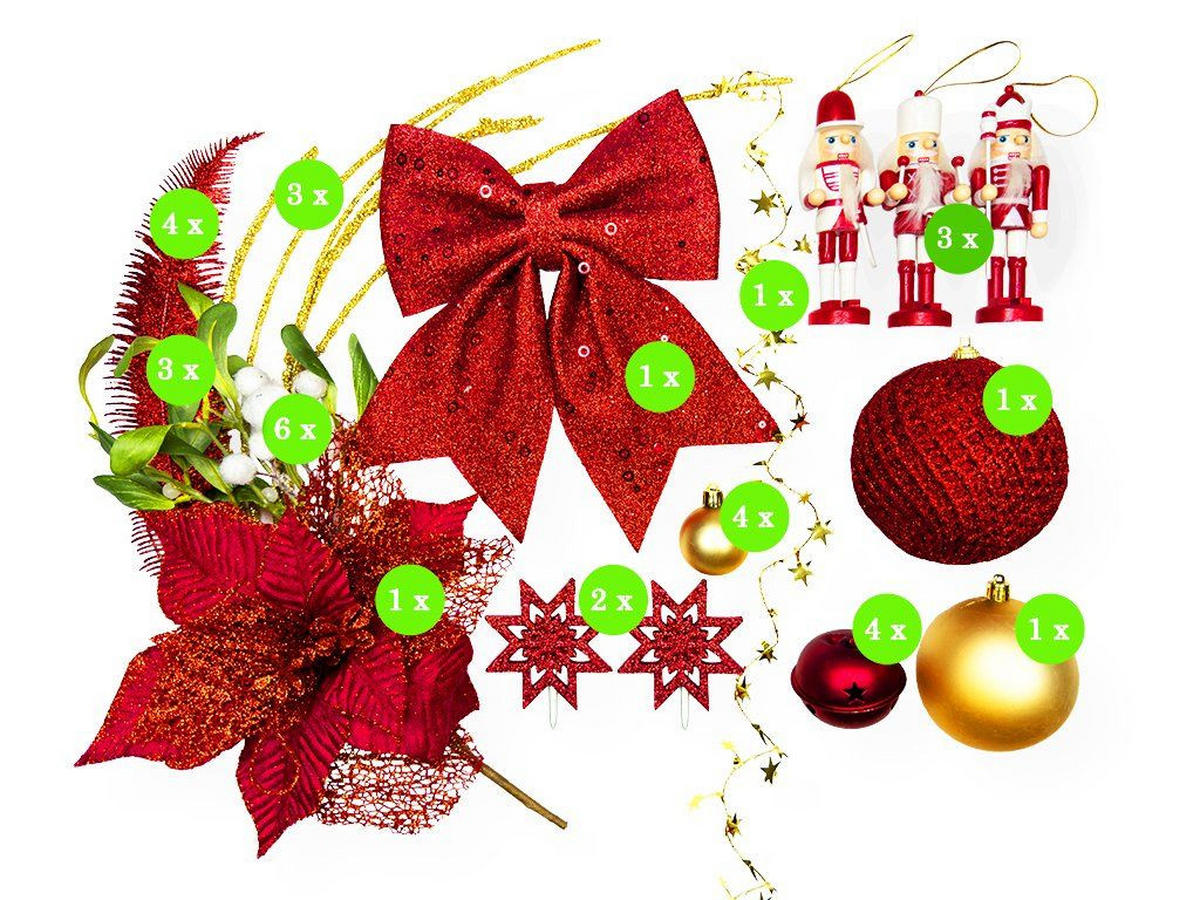 WEIHNACHTSBAUM künstlicher 60 cm mit LED-Beleuchtung, ROTERNUSSKNACKER II, mit 33 Weihnachtsbaumschmuck, Pflanztopf mit Jutesack - Rot/Goldfarben, Kunststoff/Stein (40/60cm) - LAALU