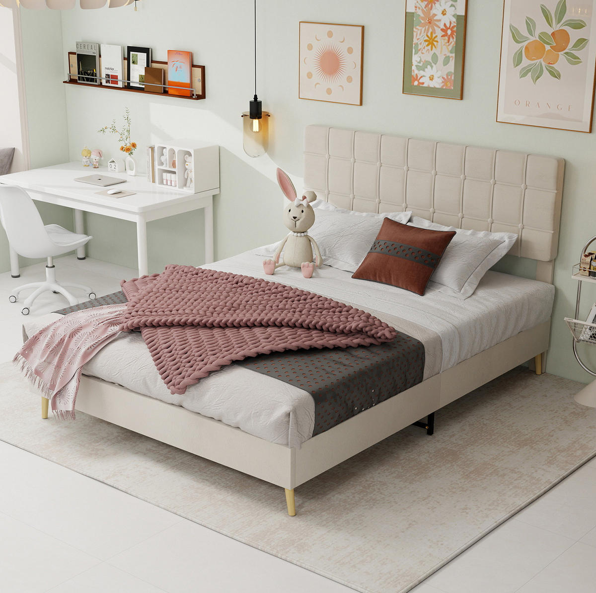 ČALOUNĚNÁ postel 160/200 cm béžová z sametu s prošívaným čelem a dřevěnými nohami - béžová, textil (160/200cm) - OKWISH