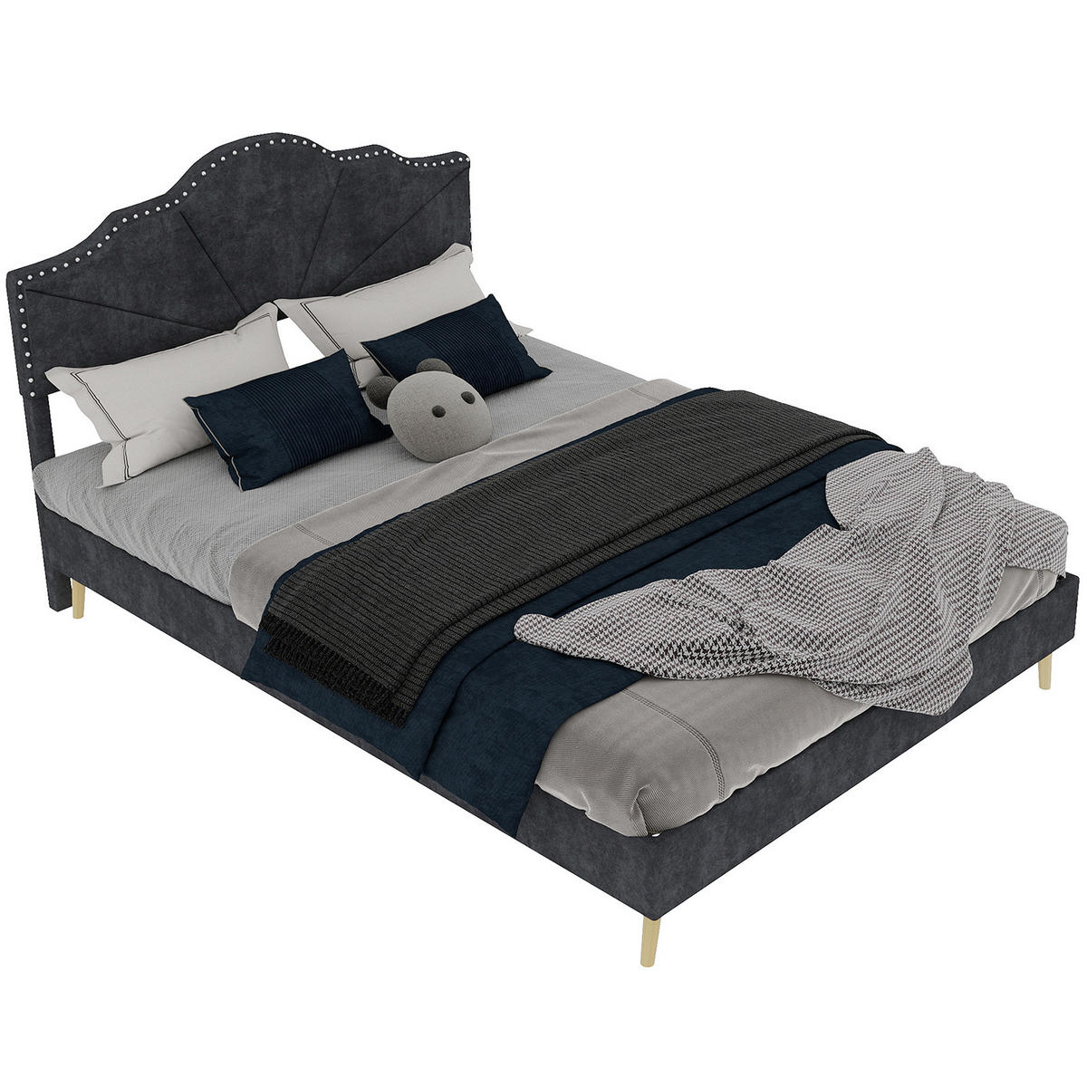 ČALOUNĚNÁ postel 140/200 cm šedá z látky a kovu s geometrickým čelem a lamelovým roštem - šedá, textil (140/200cm) - OKWISH