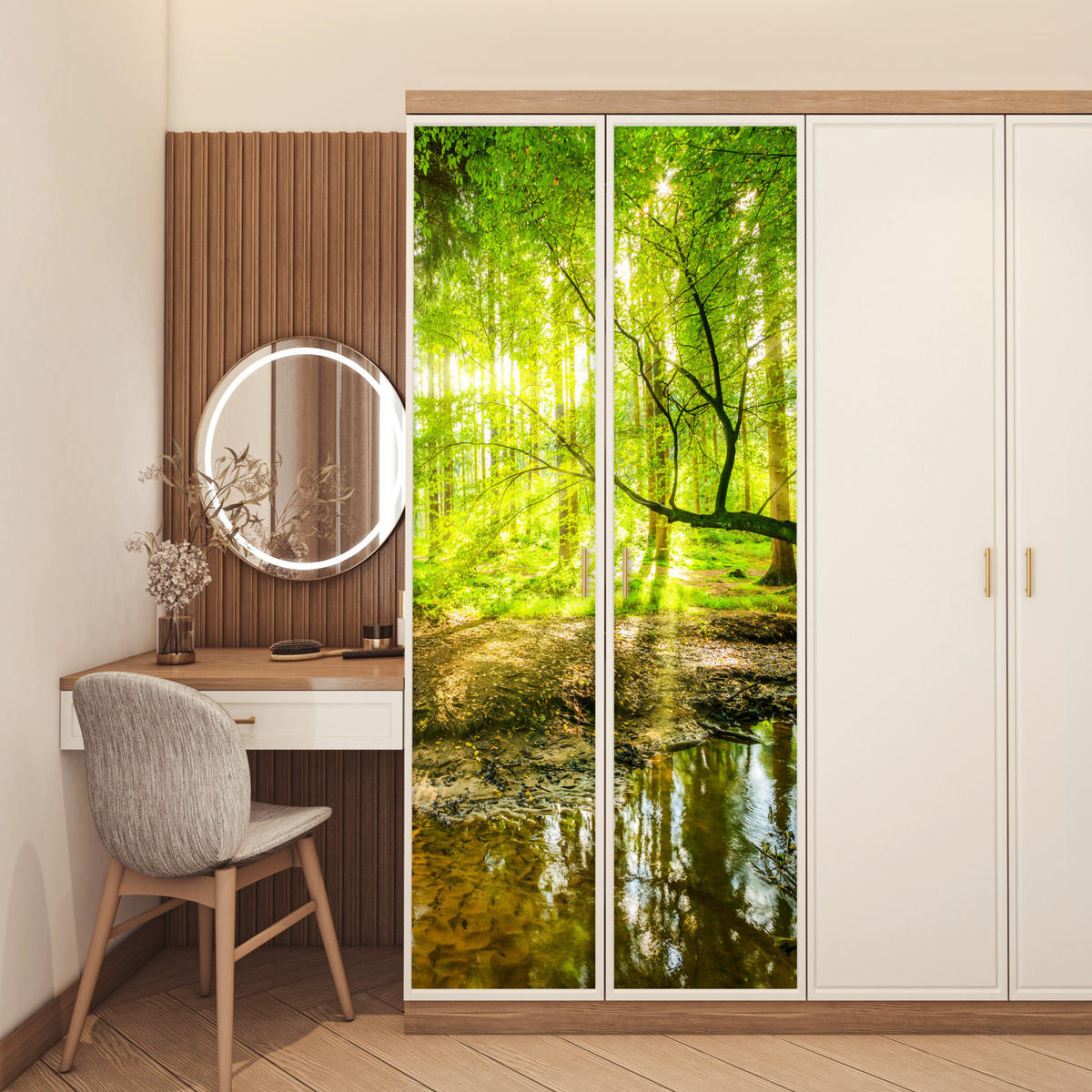 TÜRAUFKLEBER Selbstklebend - Wald - Landschaft - Wasser - Bäume - Sonne - Grün - Natur 80x205 cm - Türtapete - Hellgrün, Kunststoff (80/0.1cm) - MuchoWow