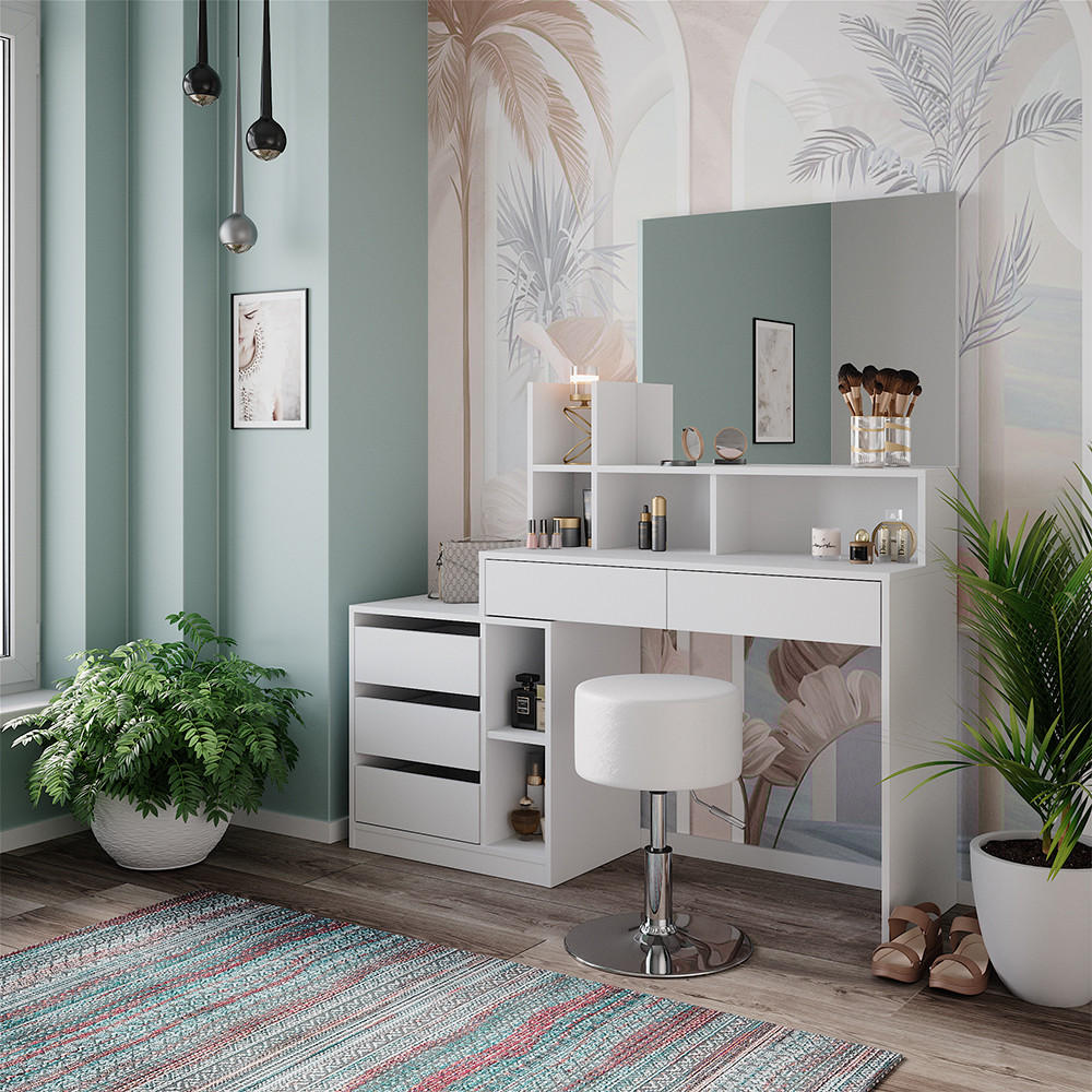 SCHMINKTISCH Anja Weiß 139.8 cm mit Hocker - Weiß, Holzwerkstoff (139.8/115/40cm) - Vicco