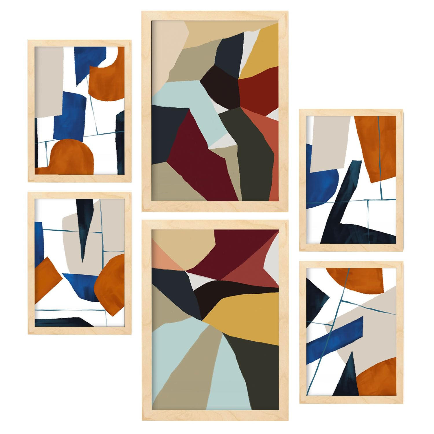 POSTER Set Mit 6 Farbige Kanten In Form Abstracts Ästhetische Dekorative Gemälde Für Ihr Wohnzimmer Zuhause A3 & A4 Rahmen Aus Hellem Holz - Beige, Papier (29/3cm) - Nacnic