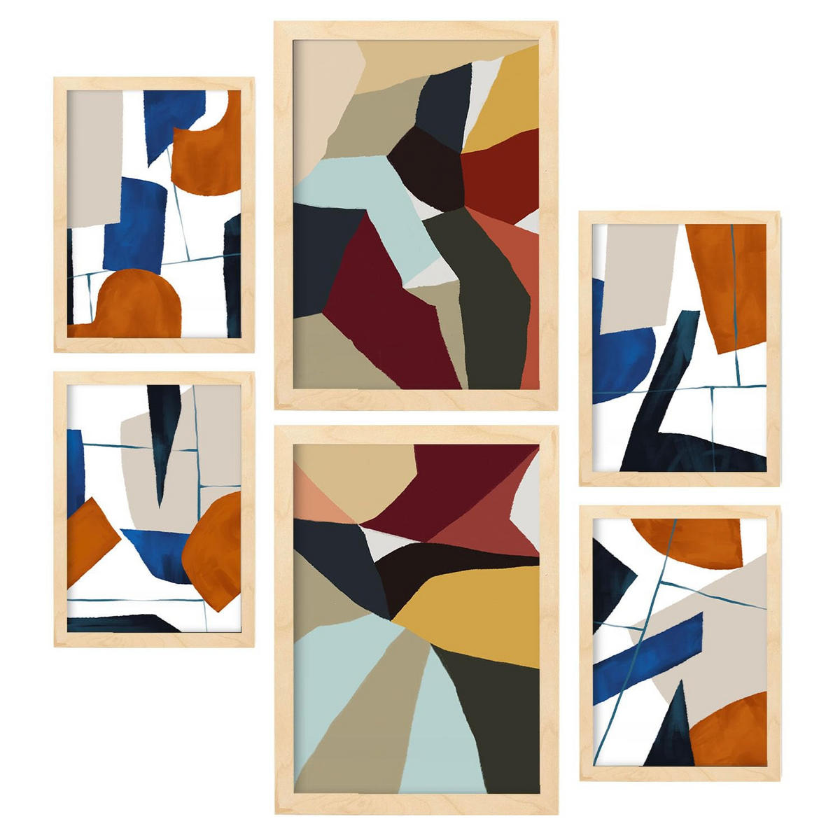 POSTER Set Mit 6 Farbige Kanten In Form Abstracts Ästhetische Dekorative Gemälde Für Ihr Wohnzimmer Zuhause A3 & A4 Rahmen Aus Hellem Holz - Beige, Papier (29/3cm) - Nacnic