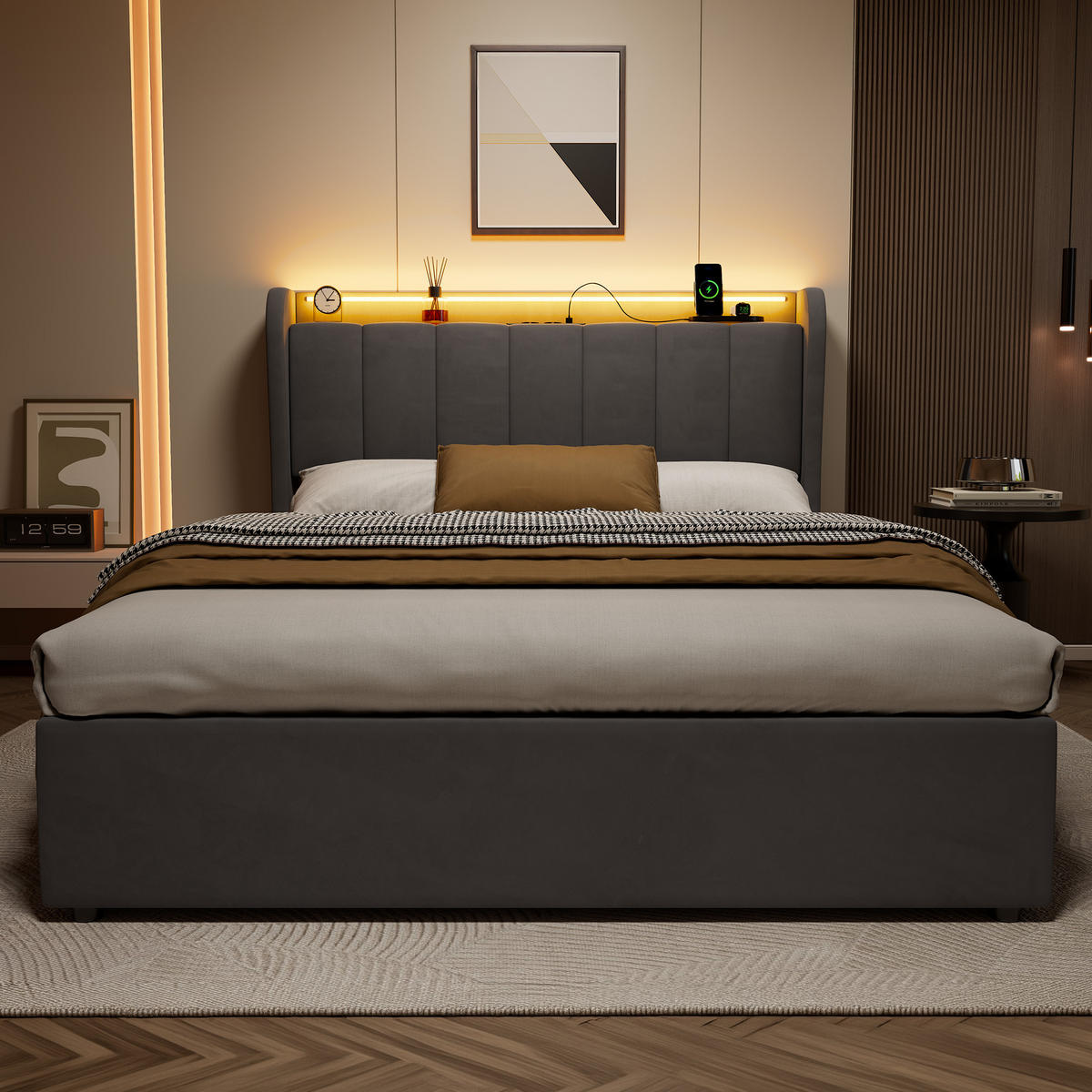 ČALOUNĚNÁ postel 140x190 cm tmavě šedá ze sametu s LED osvětlením, hydraulickým úložným boxem a nabíjecím konektorem - tmavě šedá, textil (140/190cm) - OKWISH