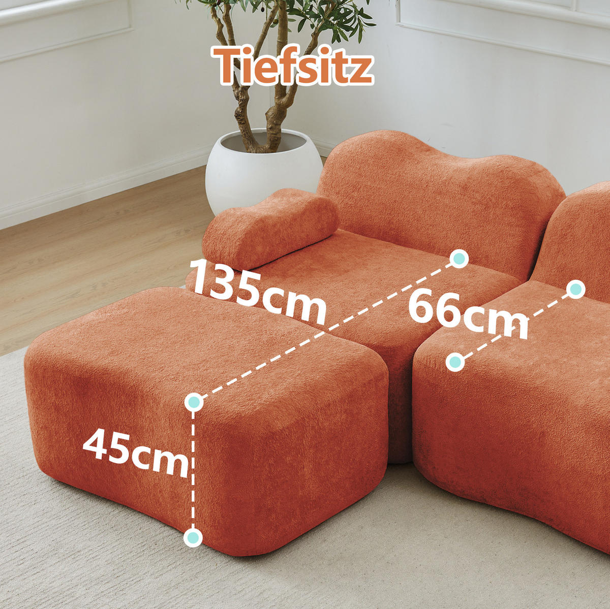 ECKSOFA 384/167/70 cm Orange aus Samt mit Wellenform und modularem Hocker - Orange, Textil (167/384cm) - OKWISH